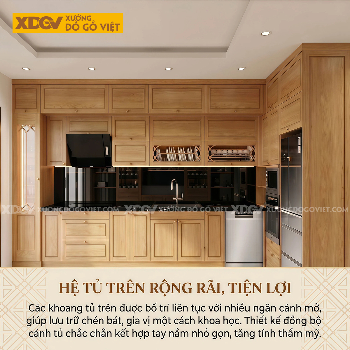 Mẫu Tủ Bếp Gỗ Sồi Thiết Kế Đa Cánh Pano Ốp Đá Đen Sang Trọng