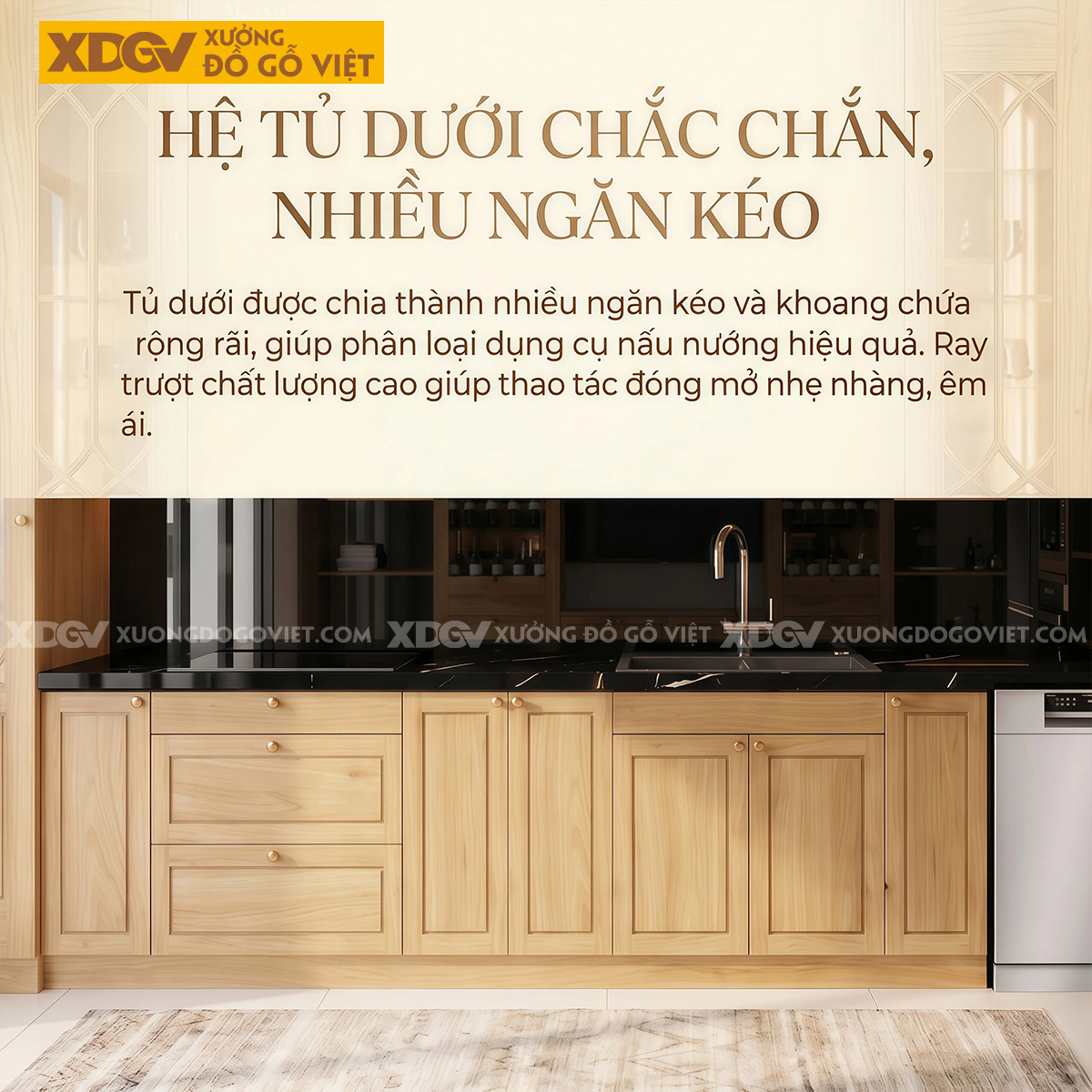 Mẫu Tủ Bếp Gỗ Sồi Thiết Kế Đa Cánh Pano Ốp Đá Đen Sang Trọng