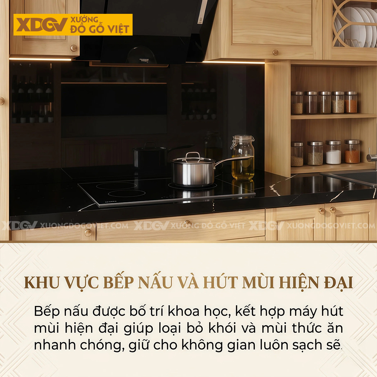 Mẫu Tủ Bếp Gỗ Sồi Thiết Kế Đa Cánh Pano Ốp Đá Đen Sang Trọng