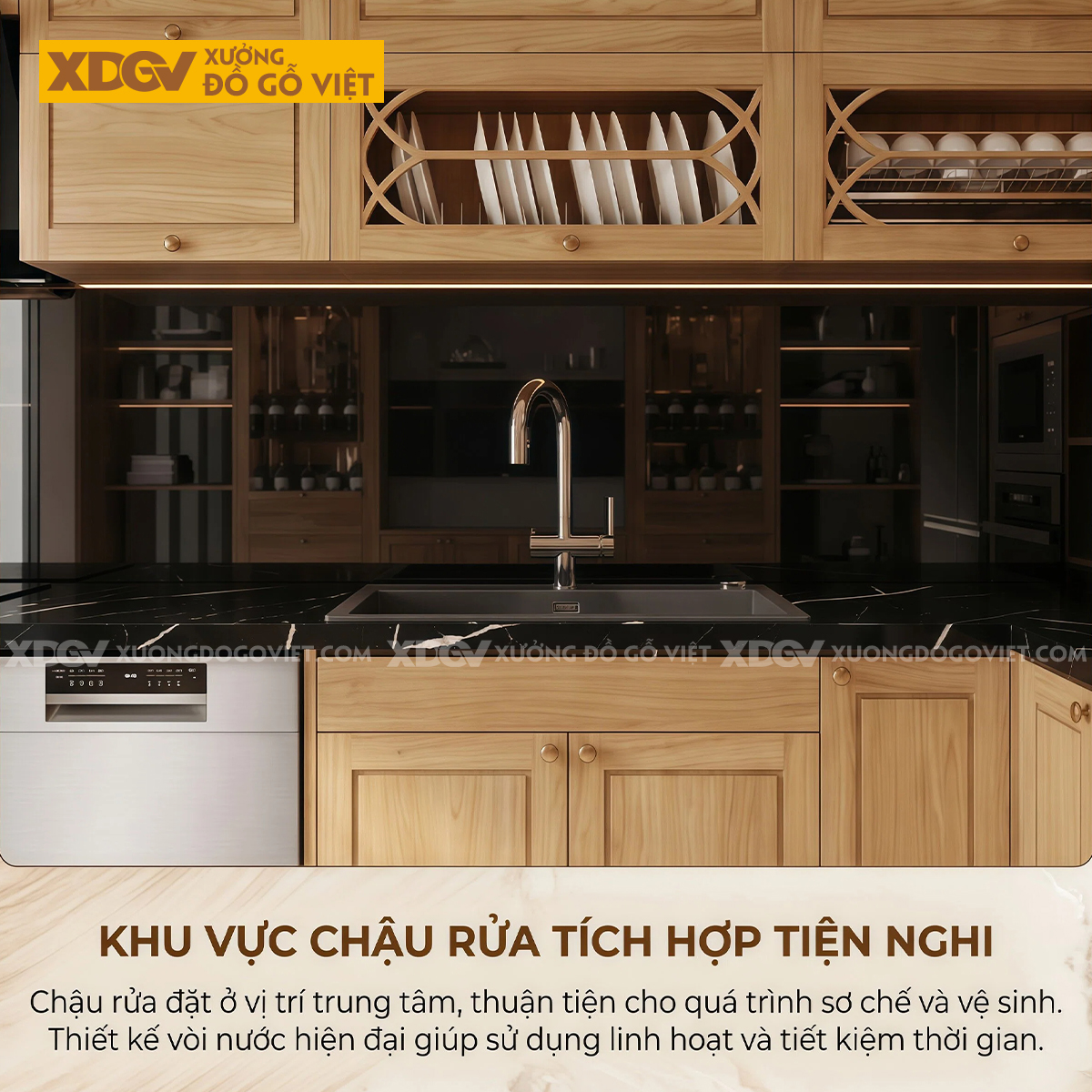 Mẫu Tủ Bếp Gỗ Sồi Thiết Kế Đa Cánh Pano Ốp Đá Đen Sang Trọng
