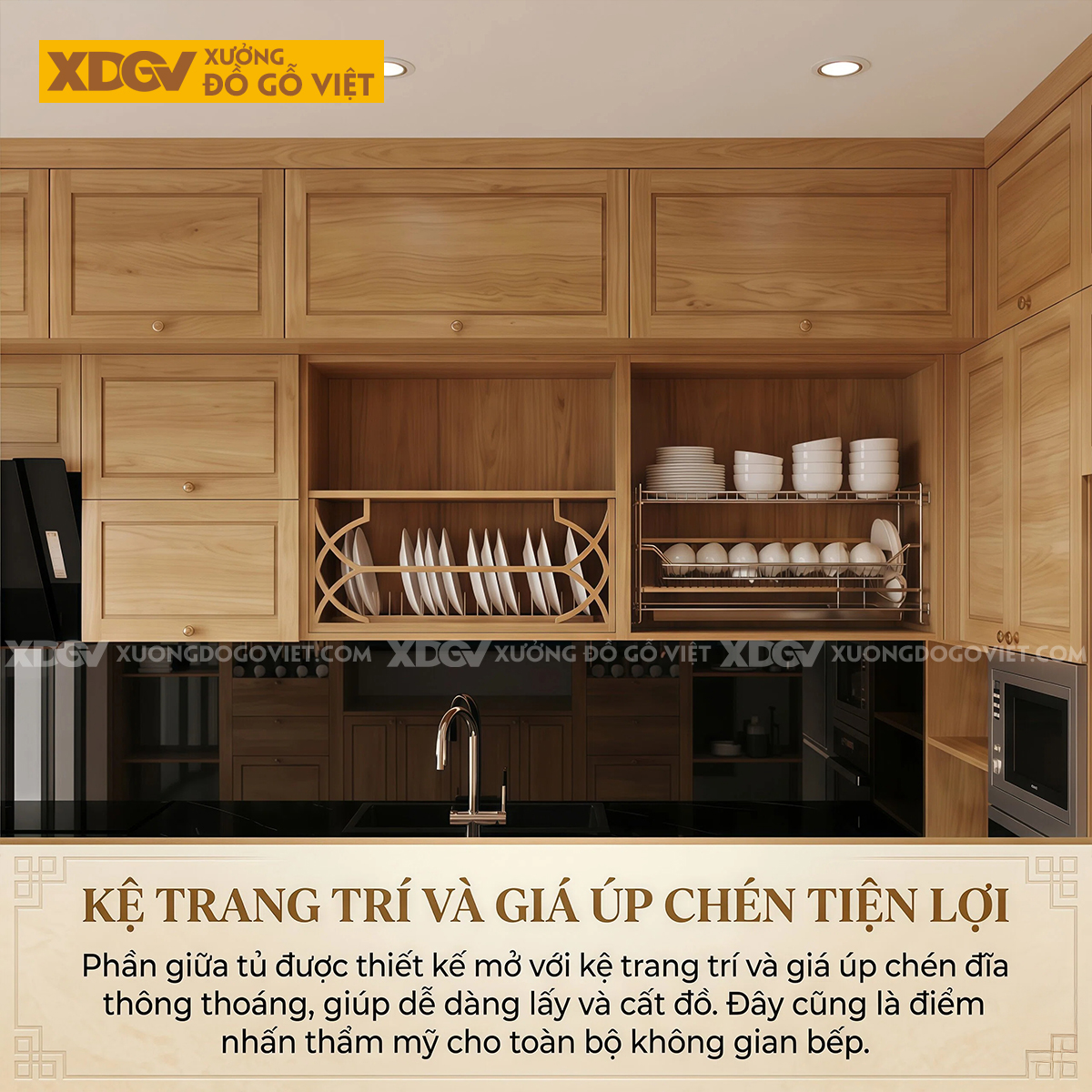 Mẫu Tủ Bếp Gỗ Sồi Thiết Kế Đa Cánh Pano Ốp Đá Đen Sang Trọng