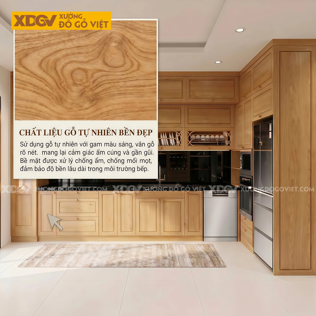 Mẫu Tủ Bếp Gỗ Sồi Thiết Kế Đa Cánh Pano Ốp Đá Đen Sang Trọng