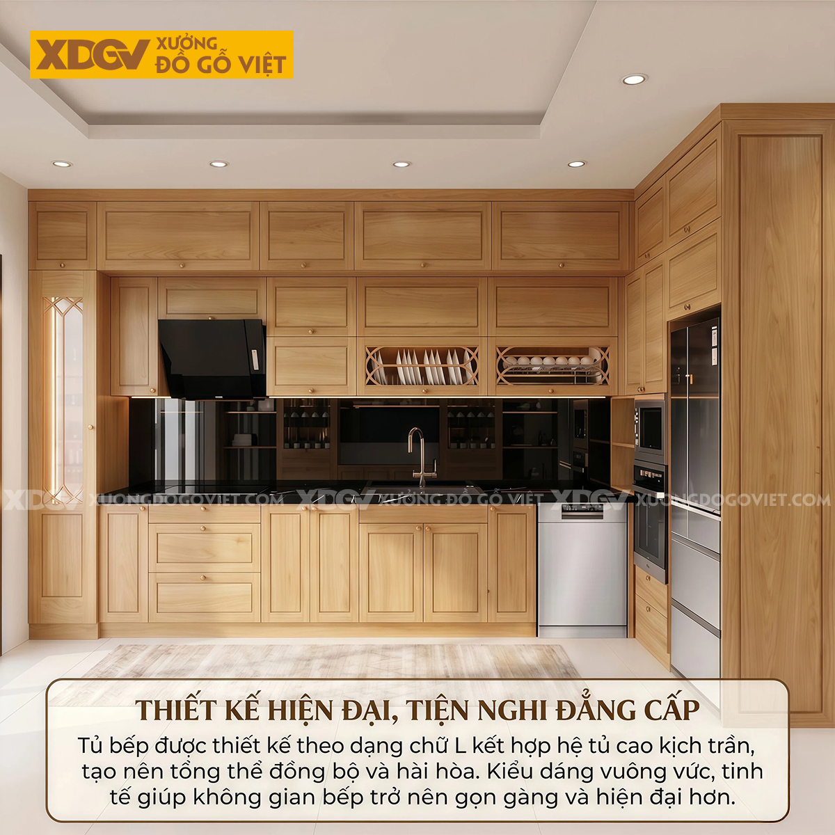 Mẫu Tủ Bếp Gỗ Sồi Thiết Kế Đa Cánh Pano Ốp Đá Đen Sang Trọng