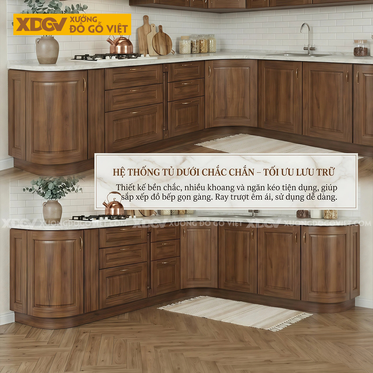 Mẫu Tủ Bếp Óc Chó Kiểu L Cho Không Gian Nhỏ Nhiều Ngăn Đựng