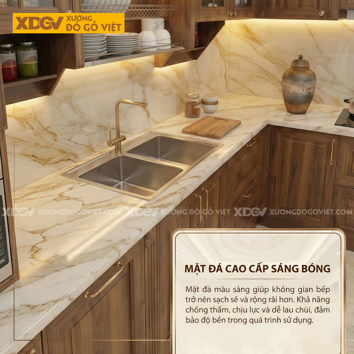 Mẫu Tủ Bếp Óc Chó Kiểu L Cho Không Gian Nhỏ Nhiều Ngăn Đựng