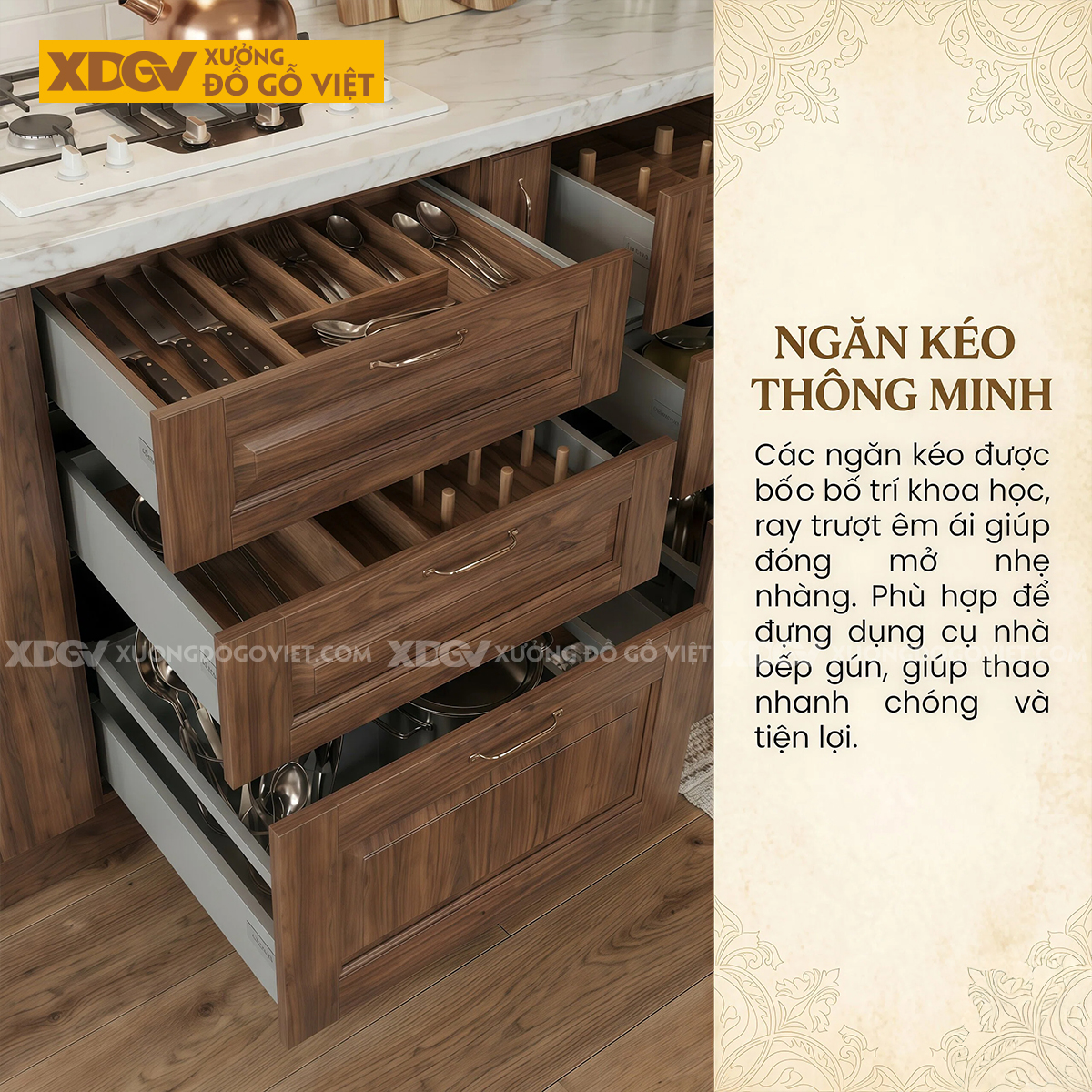 Mẫu Tủ Bếp Óc Chó Kiểu L Cho Không Gian Nhỏ Nhiều Ngăn Đựng