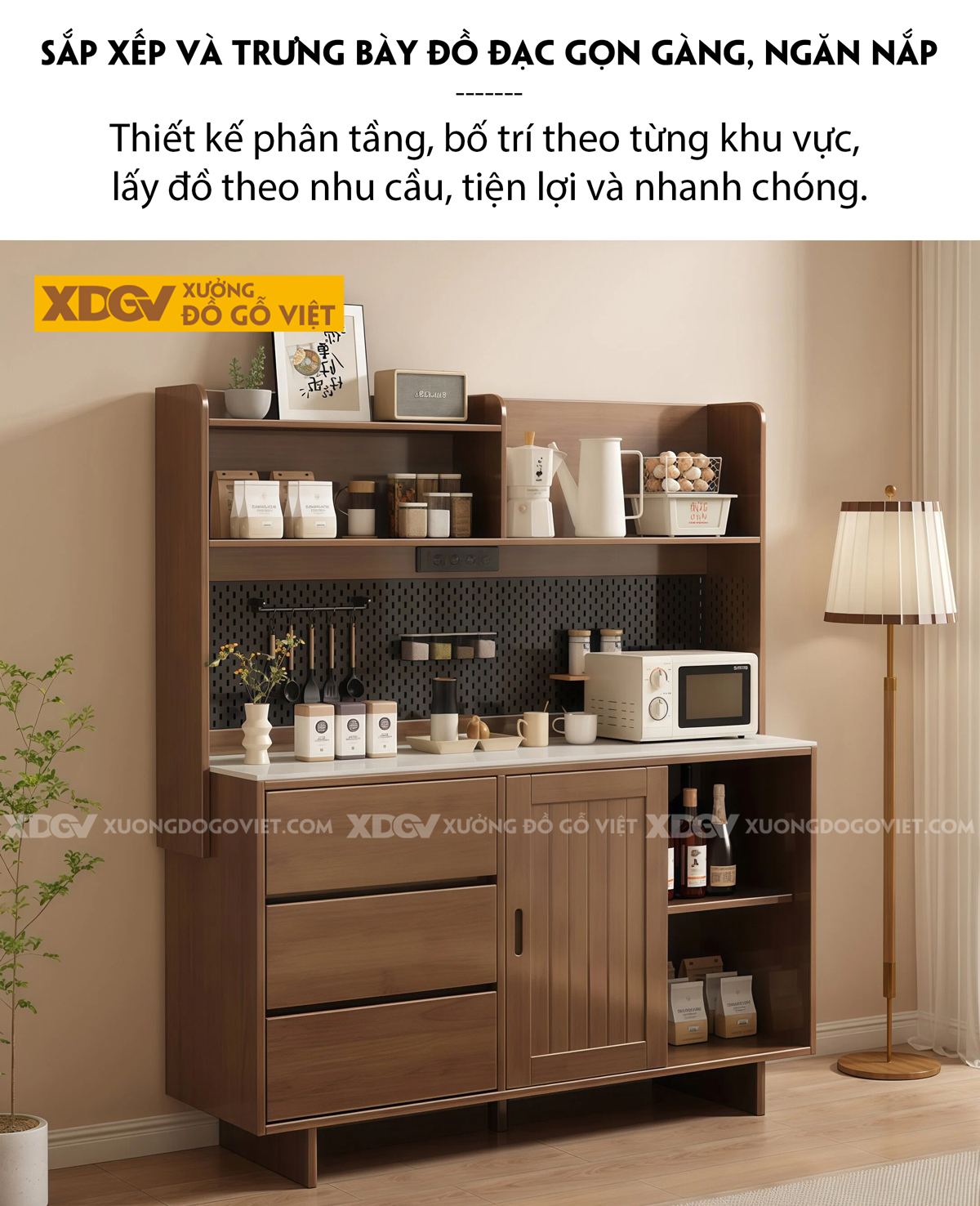 Mẫu Tủ Chén Bát Nhà Bếp Gỗ Óc Chó Thiết Kế Gợn Sóng Đẹp Mắt