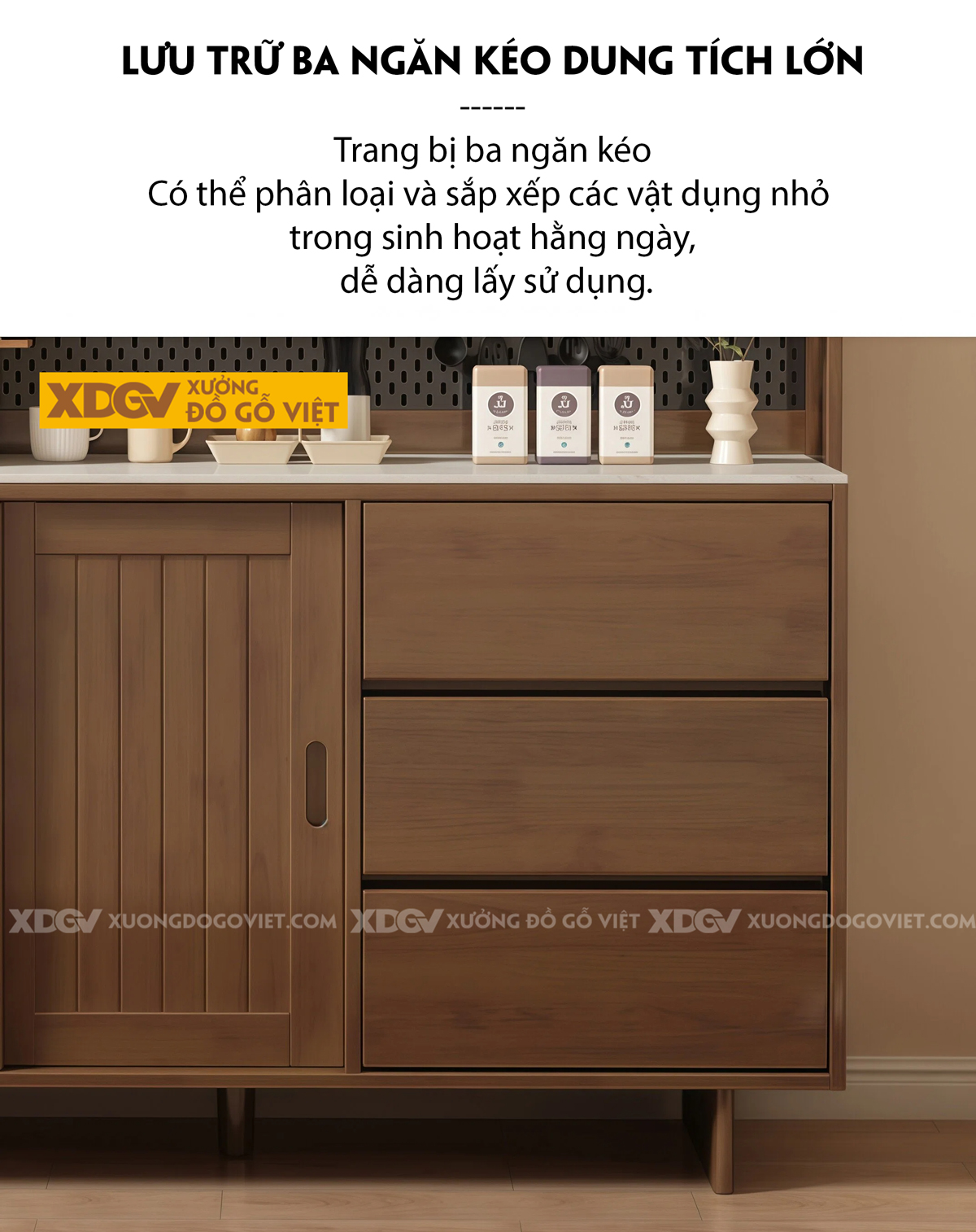 Mẫu Tủ Chén Bát Nhà Bếp Gỗ Óc Chó Thiết Kế Gợn Sóng Đẹp Mắt