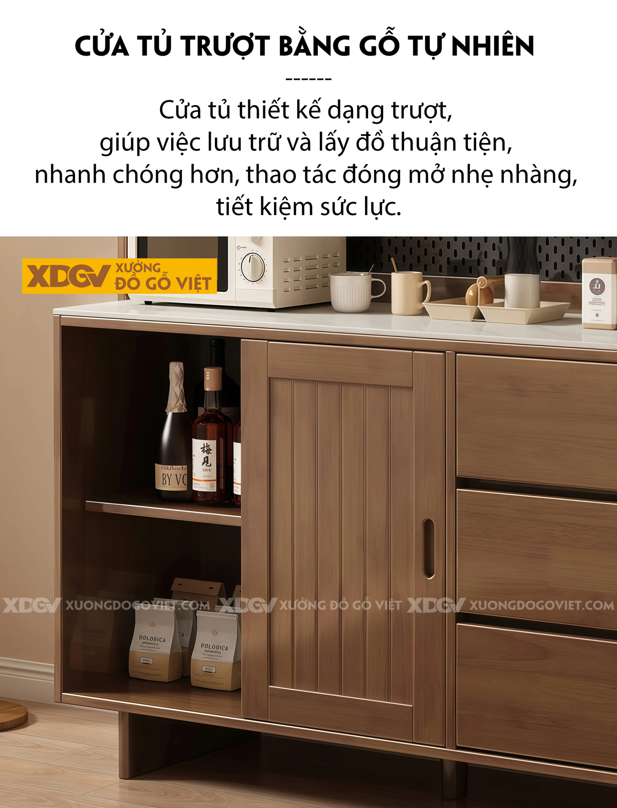 Mẫu Tủ Chén Bát Nhà Bếp Gỗ Óc Chó Thiết Kế Gợn Sóng Đẹp Mắt