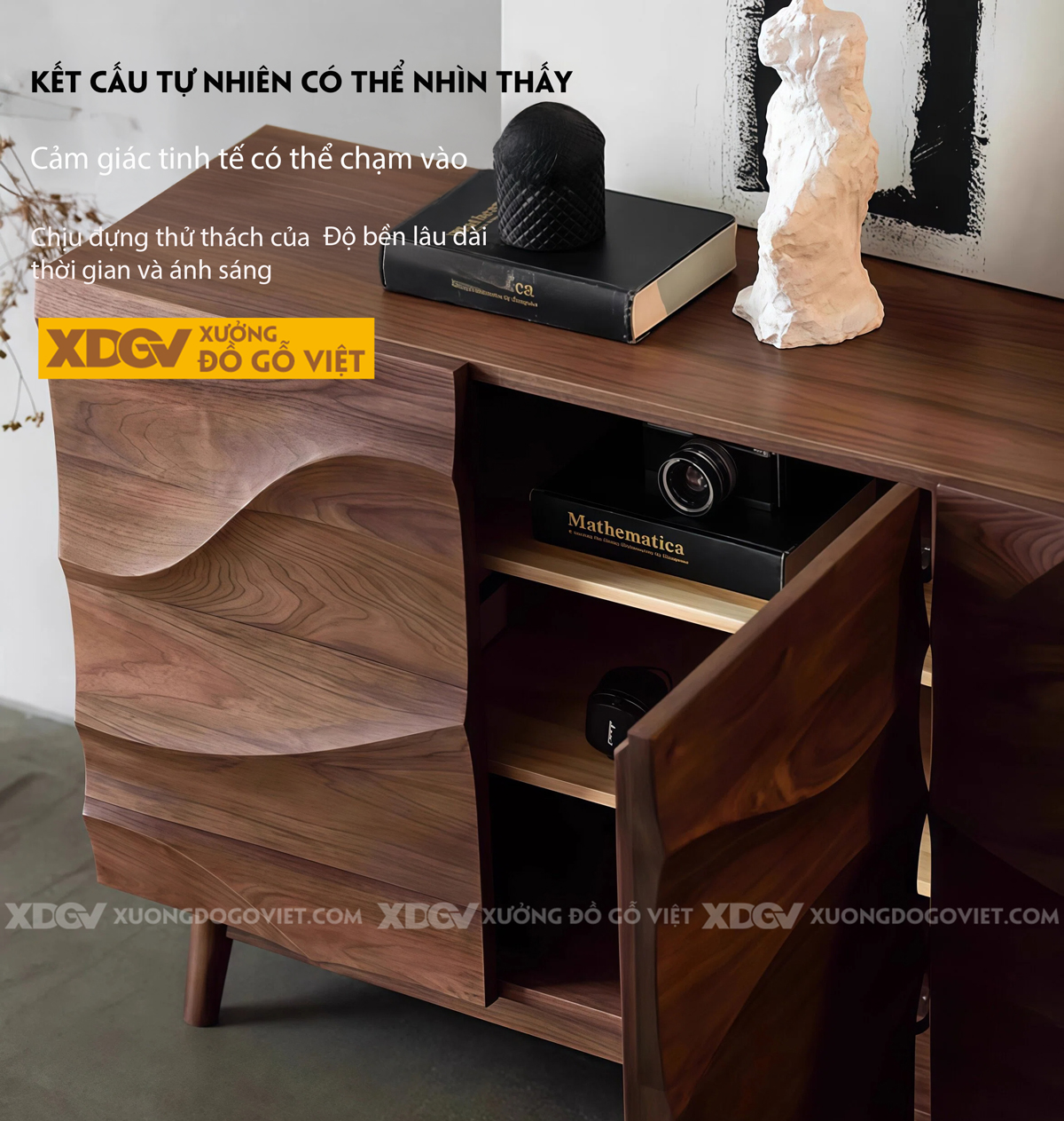 Mẫu Tủ Chén Bát Nhà Bếp Gỗ Óc Chó Thiết Kế Gợn Sóng Đẹp Mắt