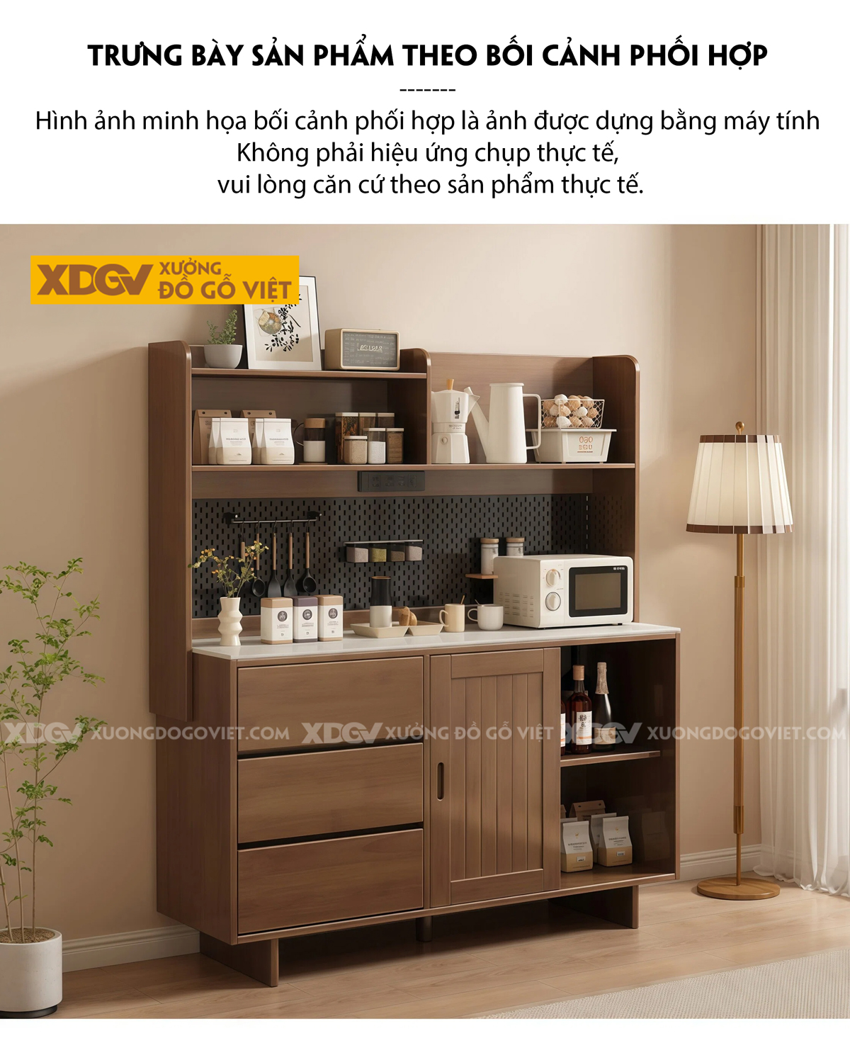 Mẫu Tủ Chén Bát Nhà Bếp Gỗ Óc Chó Thiết Kế Gợn Sóng Đẹp Mắt