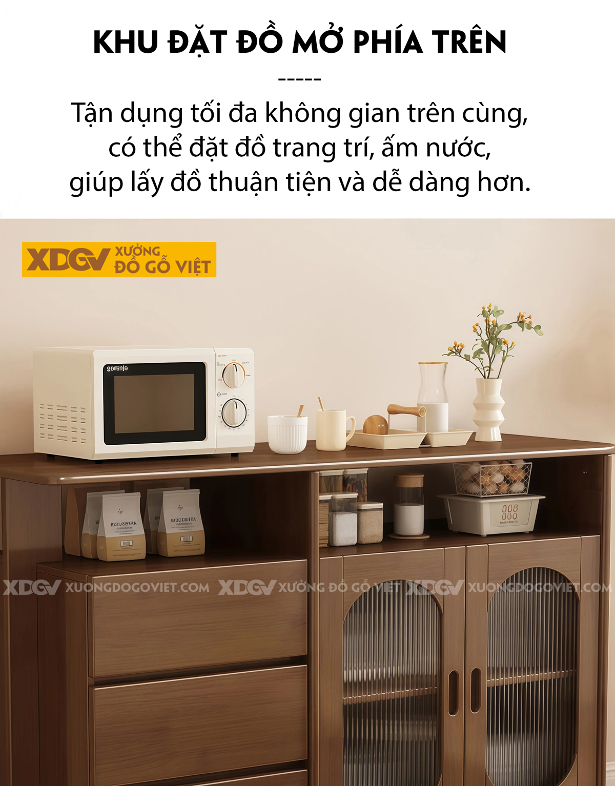 Mẫu Tủ Chén Bát Phòng Bếp Gỗ Cao Su 3 Chân Phân Tầng Lưu Trữ