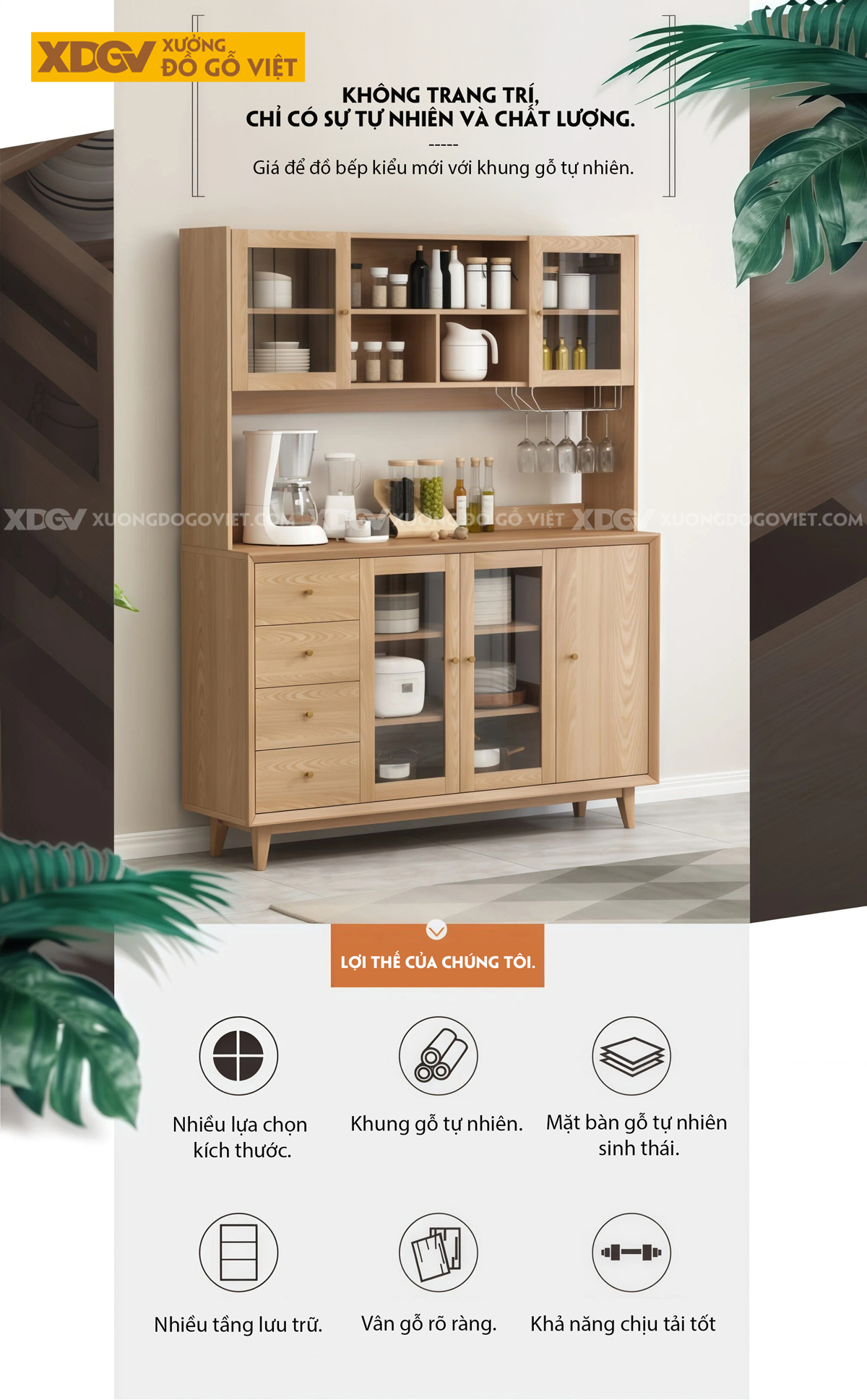 Mẫu Tủ Để Chén Bát Phòng Bếp Gỗ Sồi Dạng Hộp Phối Ngăn Kéo