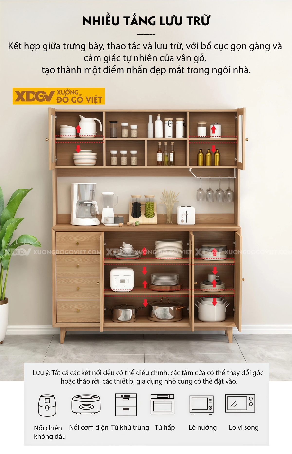 Mẫu Tủ Để Chén Bát Phòng Bếp Gỗ Sồi Dạng Hộp Phối Ngăn Kéo