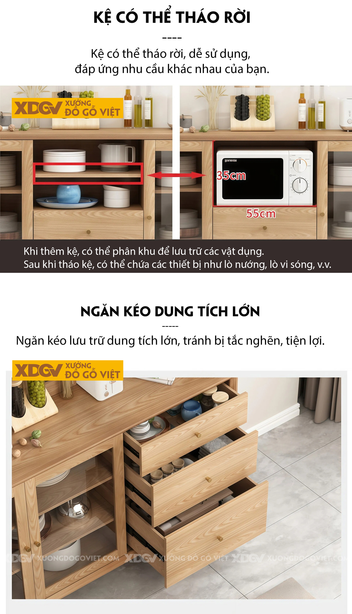 Mẫu Tủ Để Chén Bát Phòng Bếp Gỗ Sồi Dạng Hộp Phối Ngăn Kéo