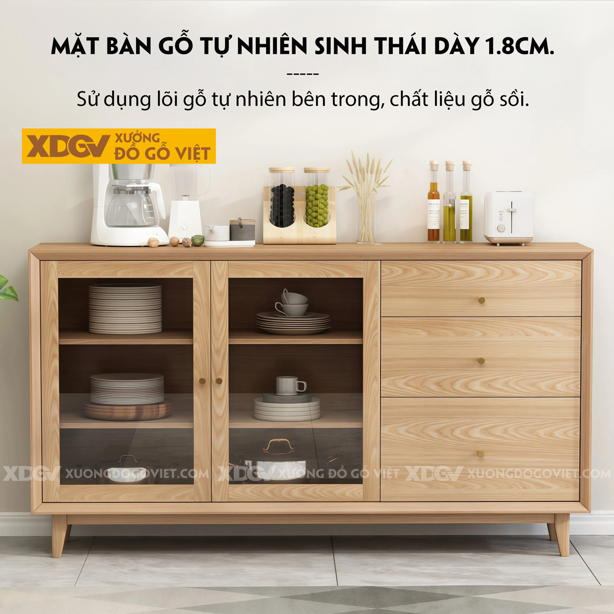 Mẫu Tủ Để Chén Bát Phòng Bếp Gỗ Sồi Dạng Hộp Phối Ngăn Kéo
