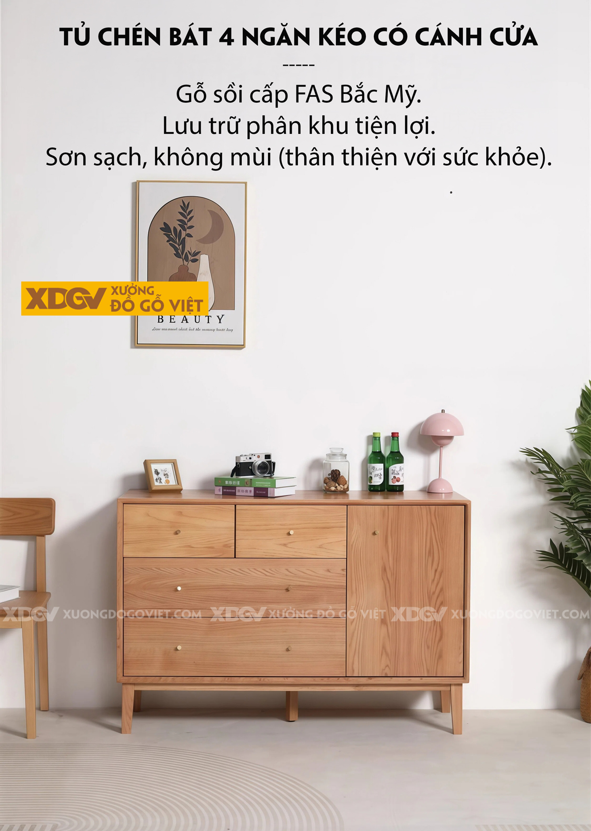 Mẫu Tủ Để Chén Bát Phòng Bếp Gỗ Sồi Dạng Hộp Phối Ngăn Kéo 