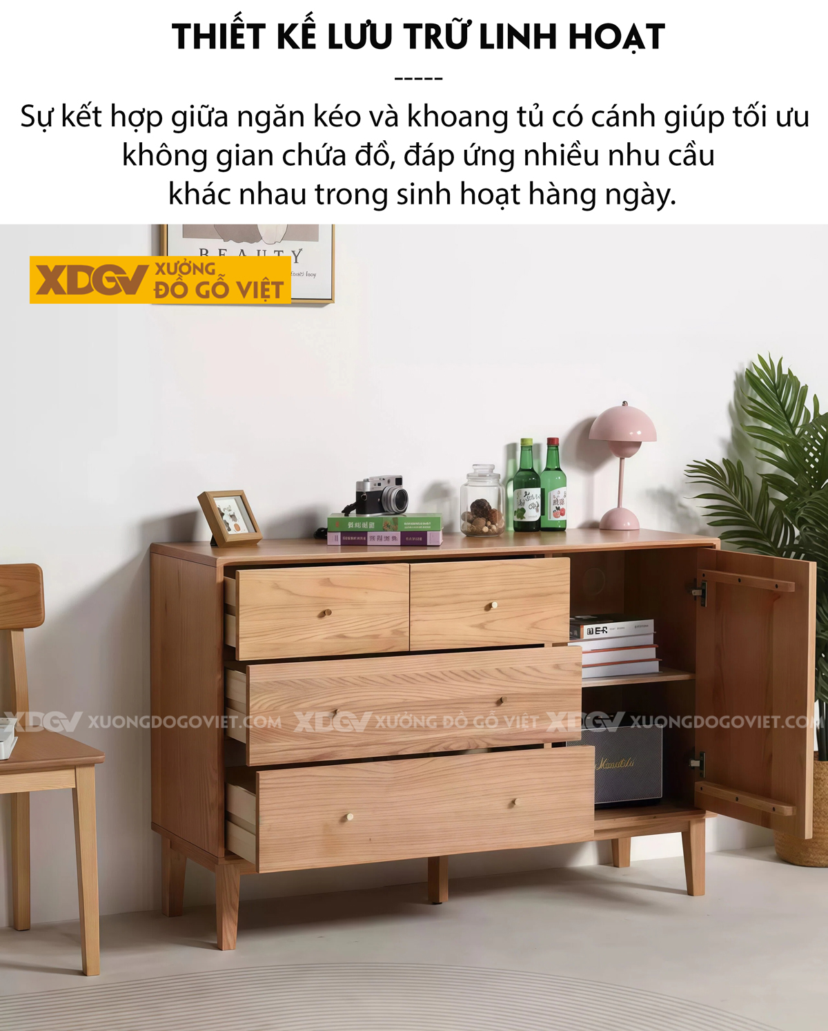 Mẫu Tủ Để Chén Bát Phòng Bếp Gỗ Sồi Dạng Hộp Phối Ngăn Kéo 