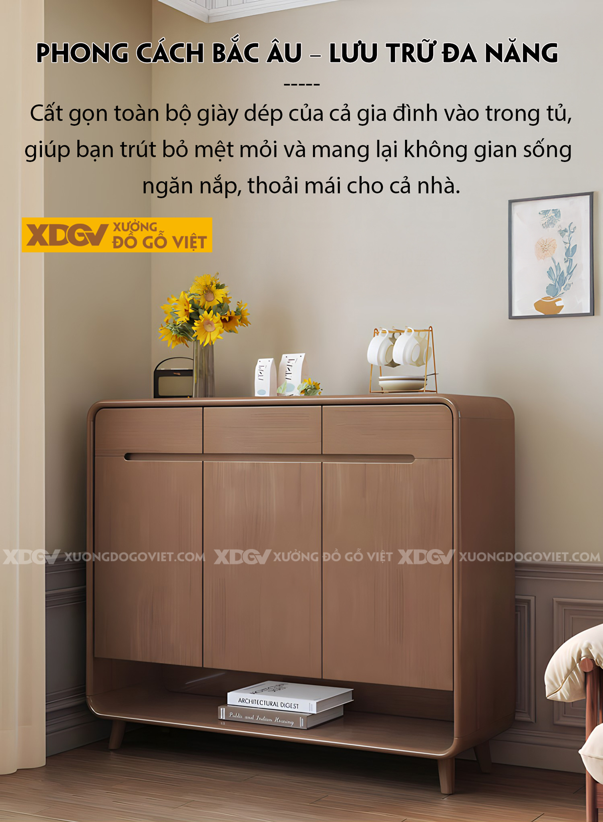 Mẫu Tủ Để Giày Gỗ Cao Su Bo Cạnh Mềm Mại Tay Nắm Âm Độc Đáo