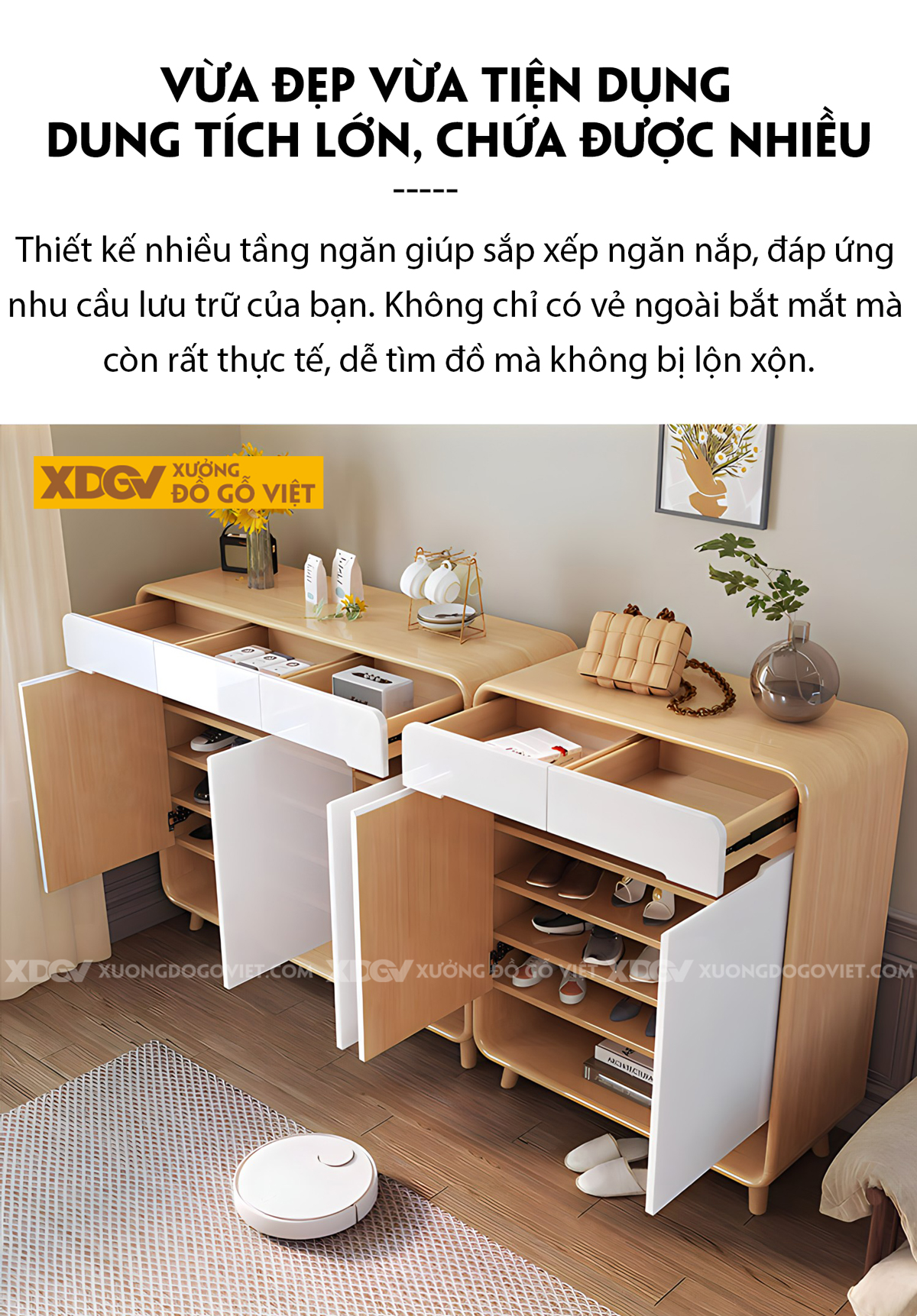 Mẫu Tủ Để Giày Gỗ Cao Su Bo Cạnh Mềm Mại Tay Nắm Âm Độc Đáo