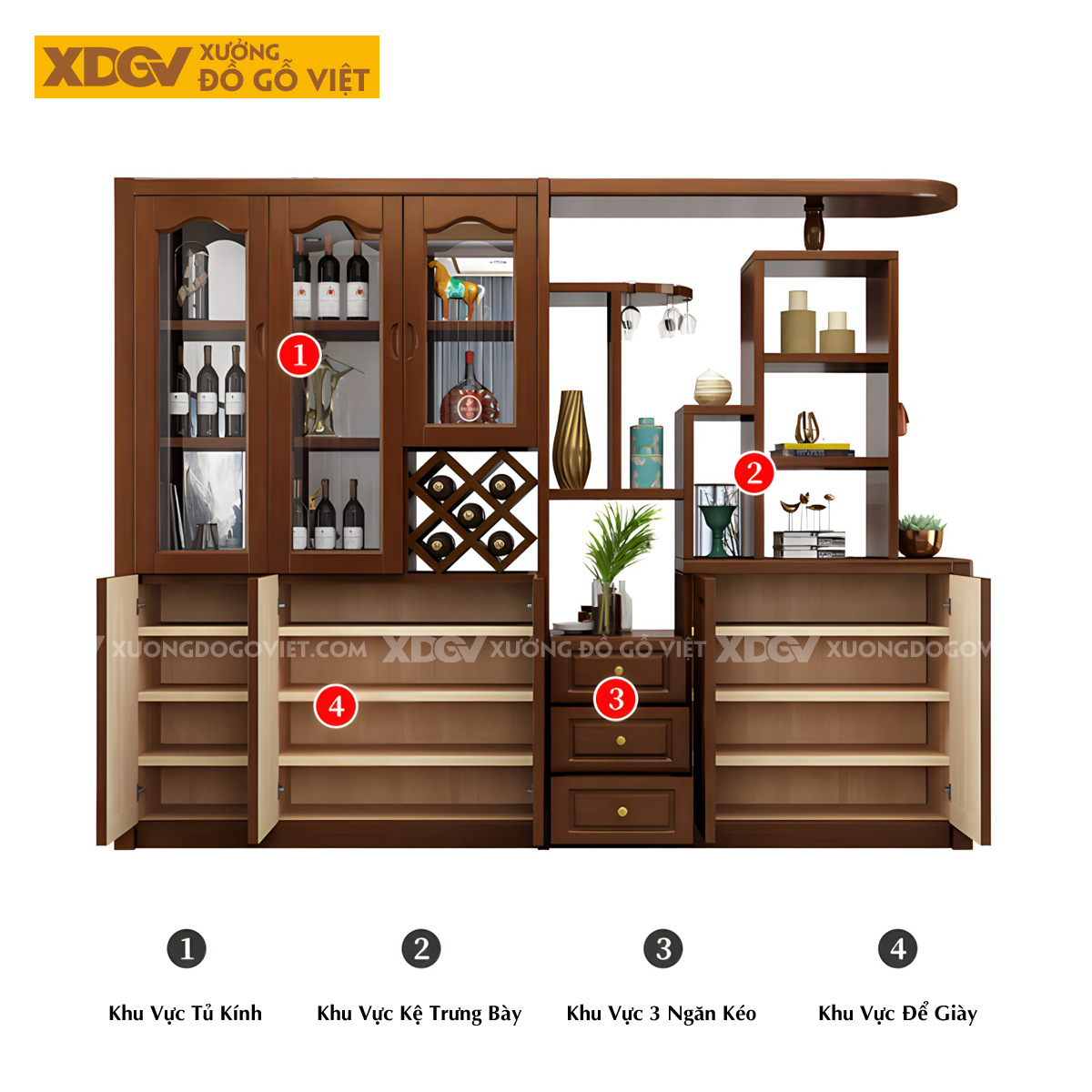 Mẫu Tủ Để Rượu Gỗ Cao Su Phòng Khách Phối Hợp Tủ Kính Sọc Mờ