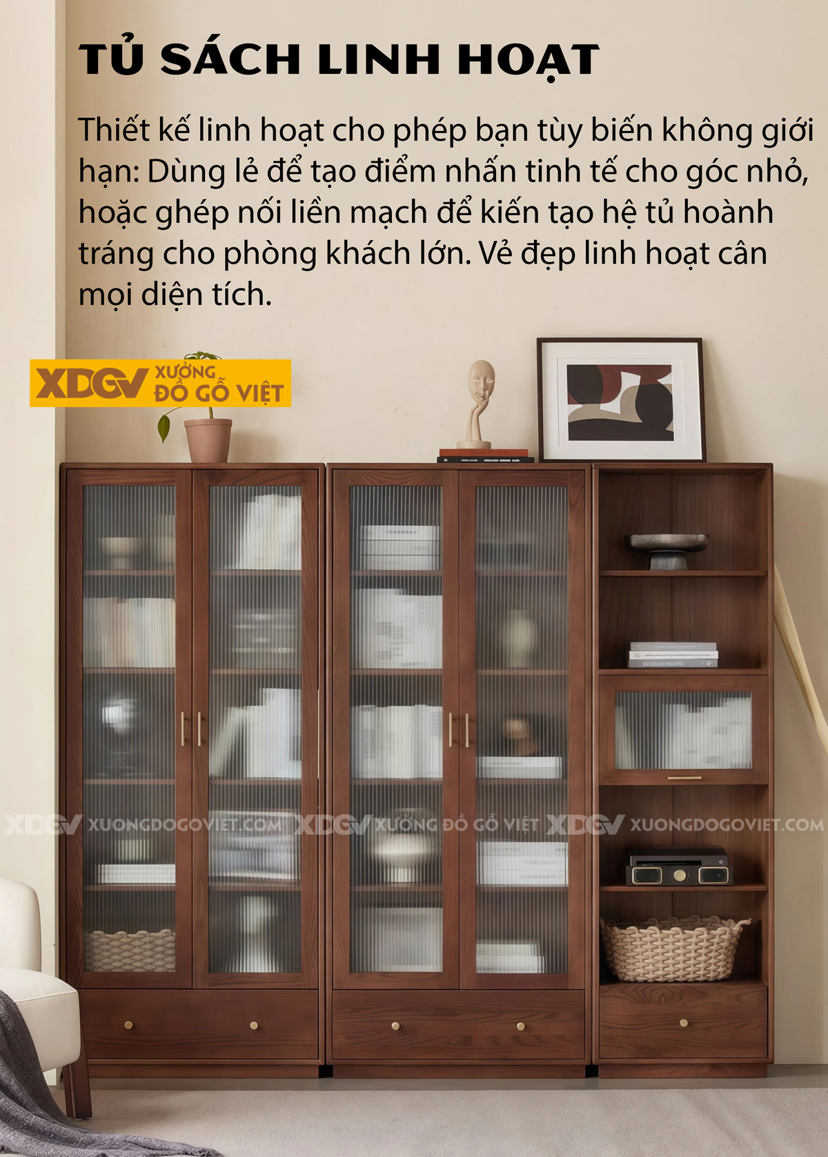 Mẫu Tủ Để Sách Gỗ Sồi Mỹ Phối Cánh Kính Kèm Tủ Kín Phía Dưới