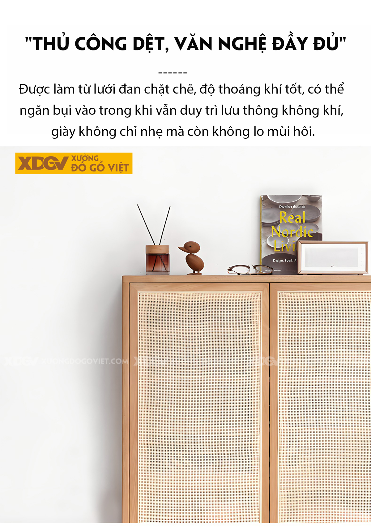 Mẫu Tủ Đựng Giày Sồi Thịt Khung Gỗ Cánh Đan Mây Tự Nhiên