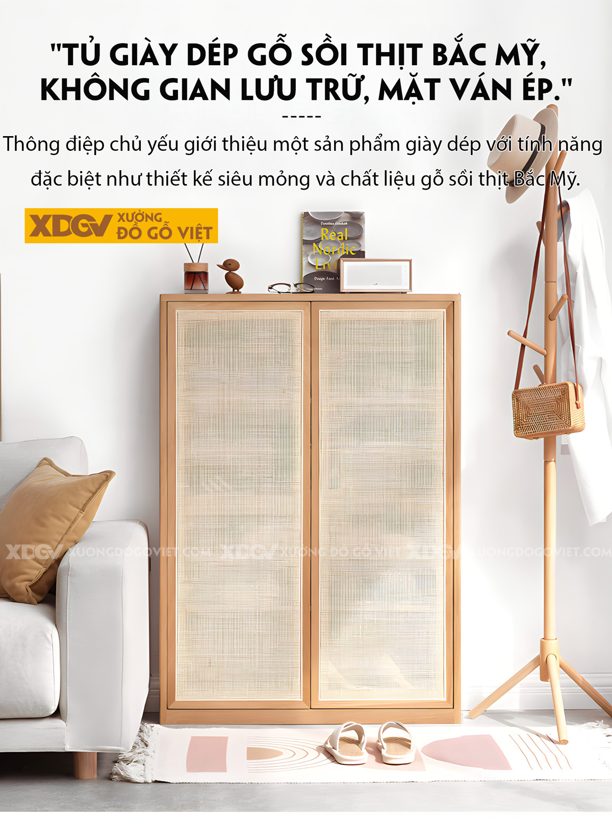 Mẫu Tủ Đựng Giày Sồi Thịt Khung Gỗ Cánh Đan Mây Tự Nhiên