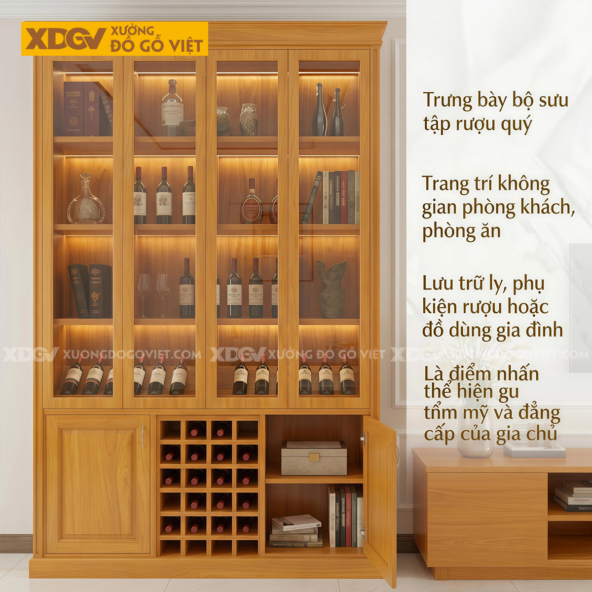 Mẫu Tủ Đựng Rượu Gỗ Gõ Đỏ Phối Cánh Kính Kèm Kệ Rượu Chia Ô