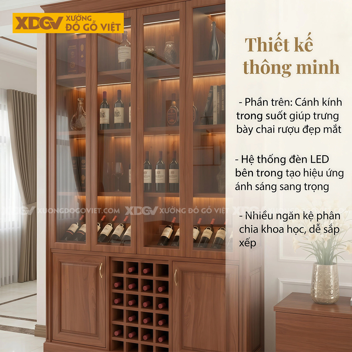 Mẫu Tủ Đựng Rượu Gỗ Gõ Đỏ Phối Cánh Kính Kèm Kệ Rượu Chia Ô