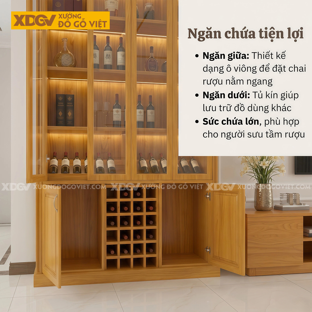 Mẫu Tủ Đựng Rượu Gỗ Gõ Đỏ Phối Cánh Kính Kèm Kệ Rượu Chia Ô