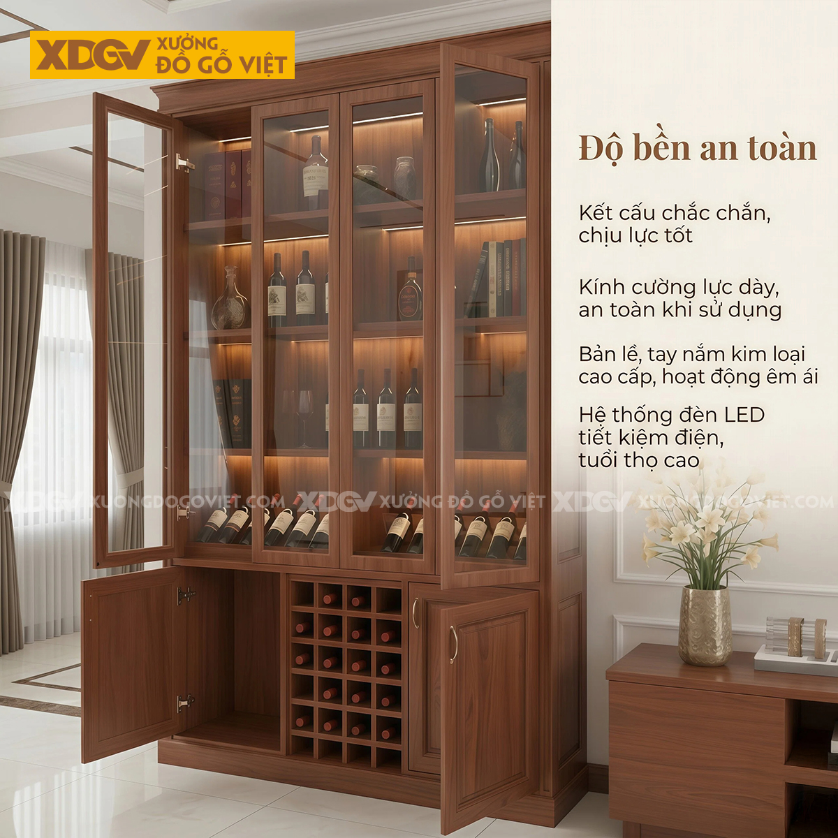 Mẫu Tủ Đựng Rượu Gỗ Gõ Đỏ Phối Cánh Kính Kèm Kệ Rượu Chia Ô