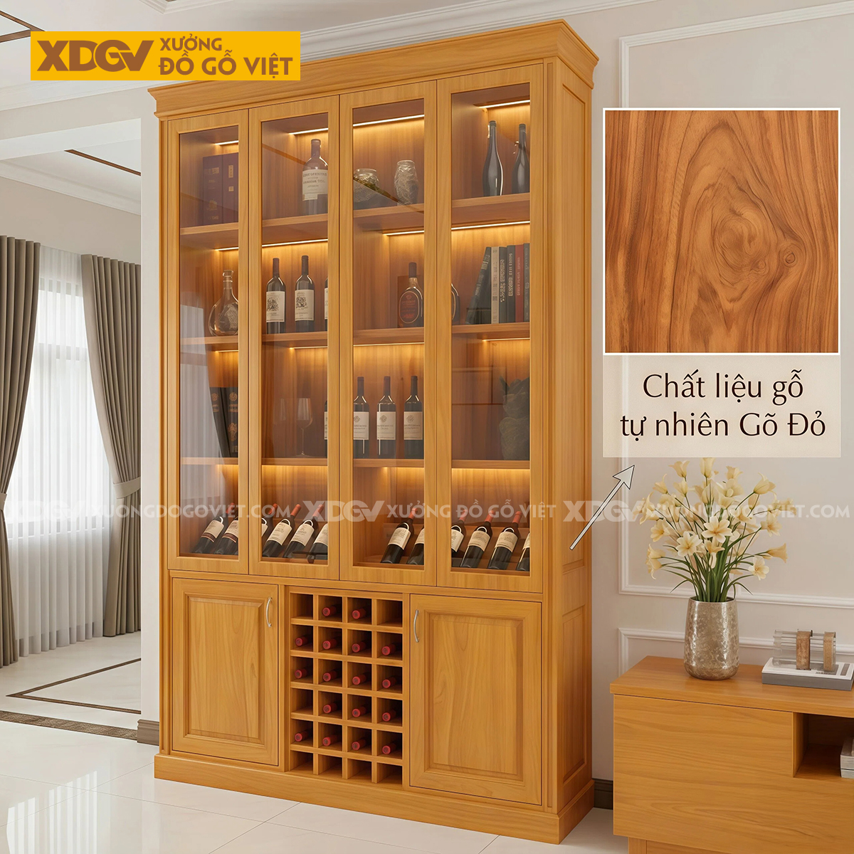 Mẫu Tủ Đựng Rượu Gỗ Gõ Đỏ Phối Cánh Kính Kèm Kệ Rượu Chia Ô