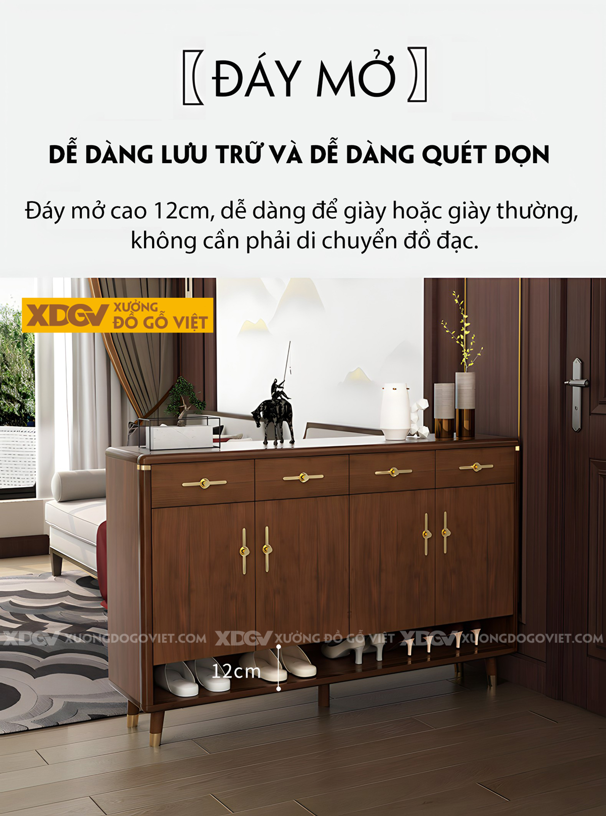 Mẫu Tủ Giày Chân Thấp Gỗ Sồi Tự Nhiên Tay Nắm Kim Loại Vàng