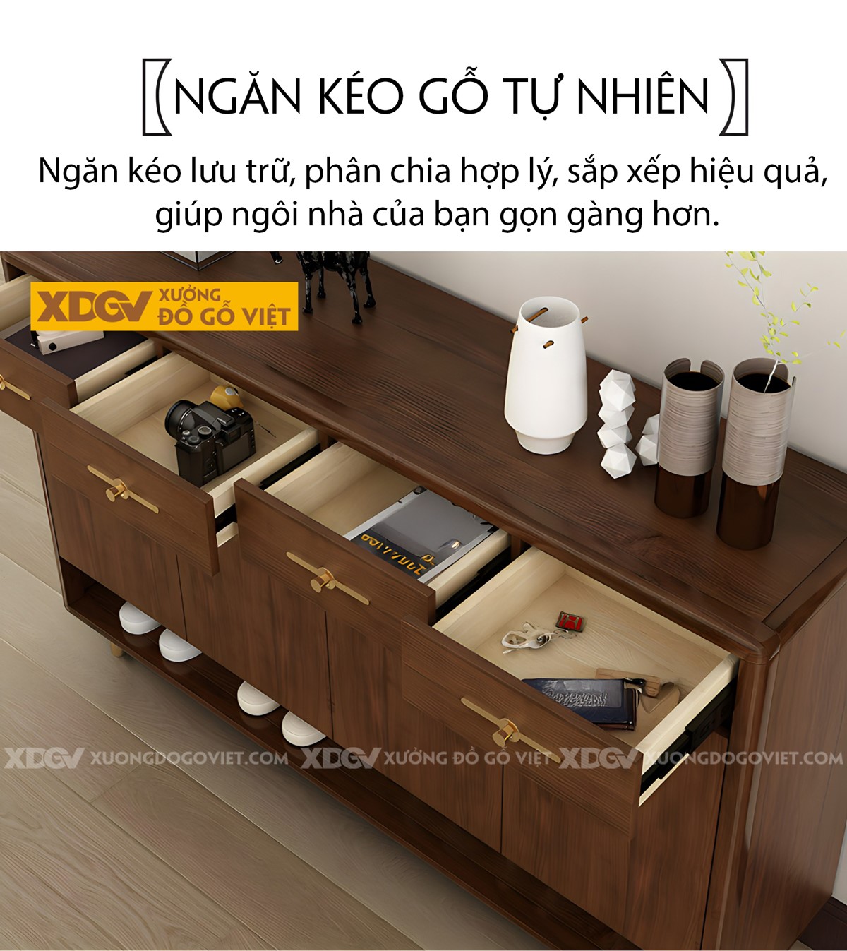 Mẫu Tủ Giày Chân Thấp Gỗ Sồi Tự Nhiên Tay Nắm Kim Loại Vàng