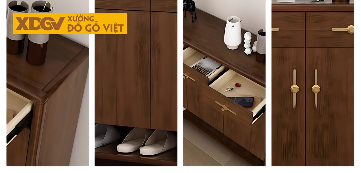 Mẫu Tủ Giày Chân Thấp Gỗ Sồi Tự Nhiên Tay Nắm Kim Loại Vàng