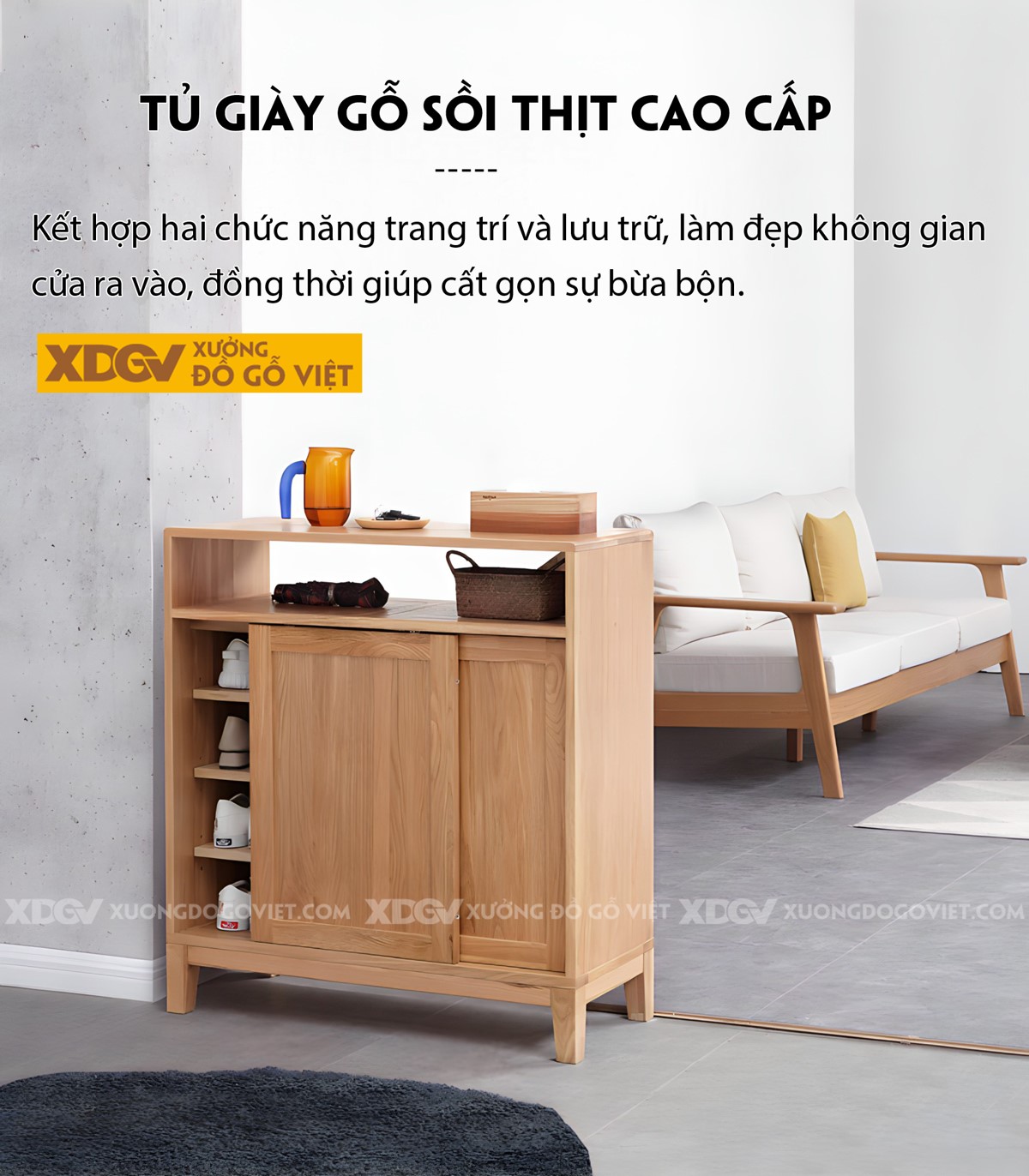 Mẫu Tủ Giày Gỗ Sồi Vân Đẹp Tự Nhiên 2 Cánh Trượt Tiện Lợi