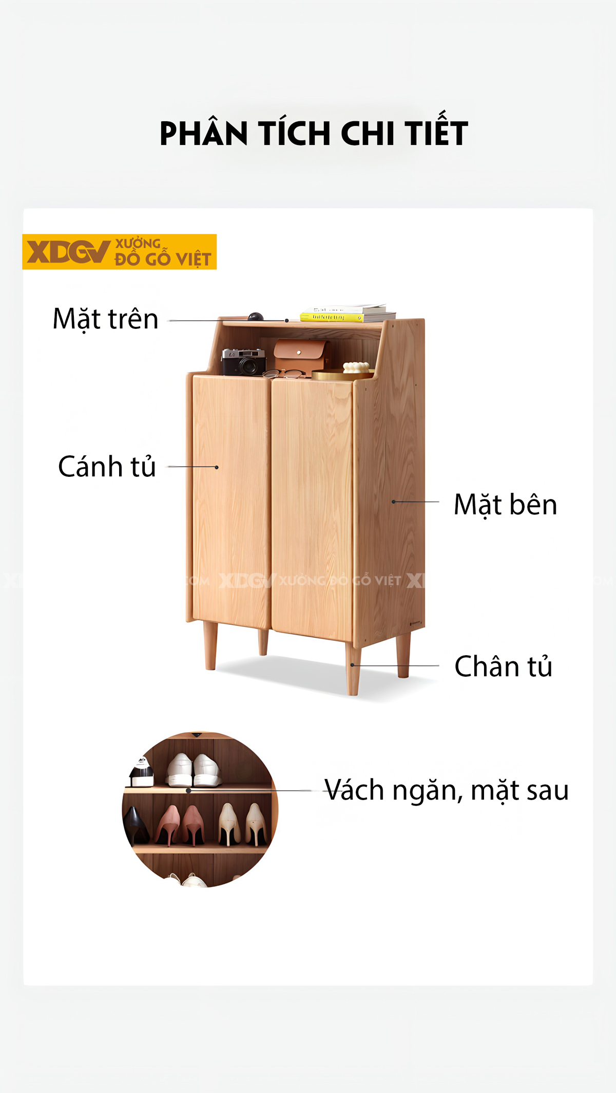 Mẫu Tủ Giày Mini Gỗ Sồi Tự Nhiên 2 Cánh 4 Tầng Có Kệ Trên