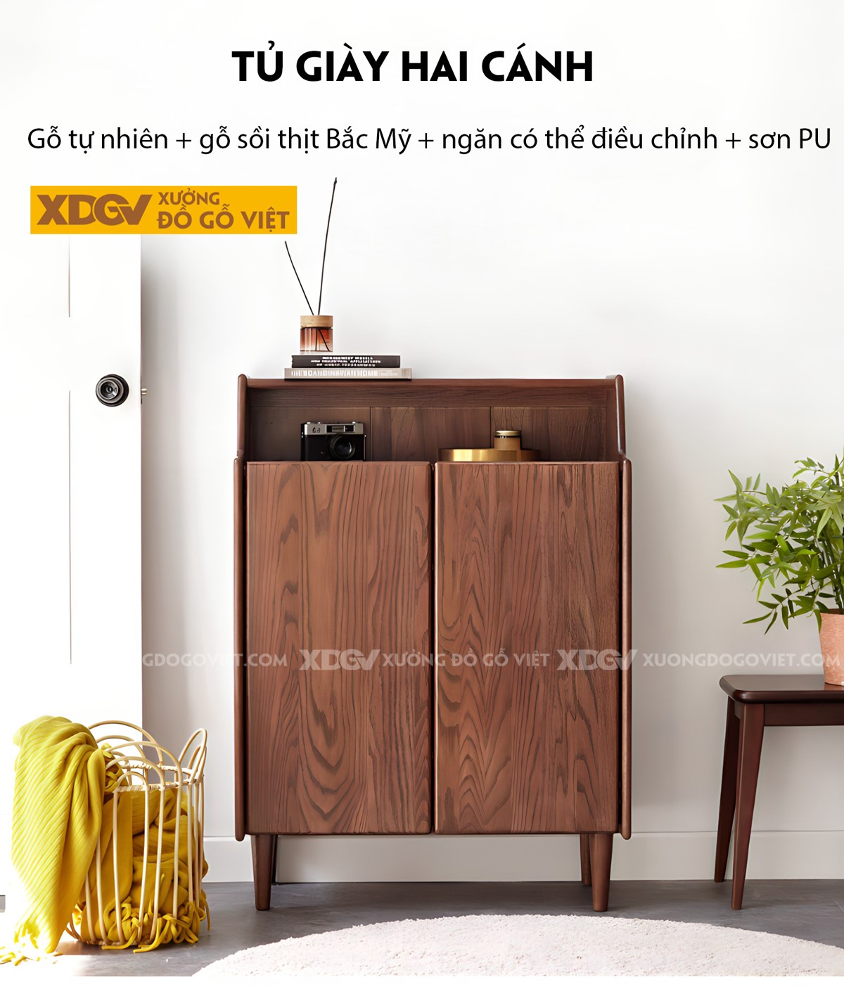 Mẫu Tủ Giày Mini Gỗ Sồi Tự Nhiên 2 Cánh 4 Tầng Có Kệ Trên