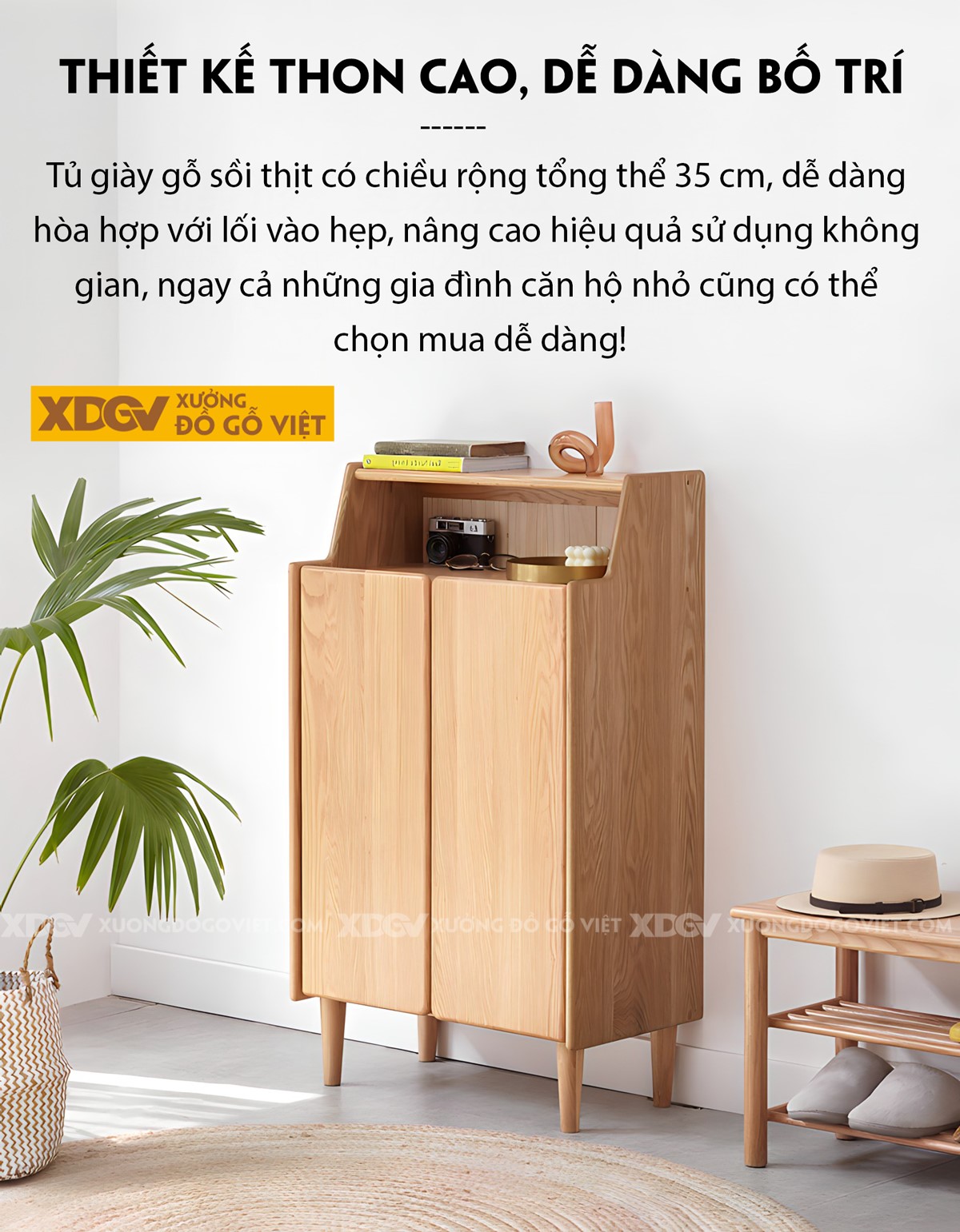 Mẫu Tủ Giày Mini Gỗ Sồi Tự Nhiên 2 Cánh 4 Tầng Có Kệ Trên