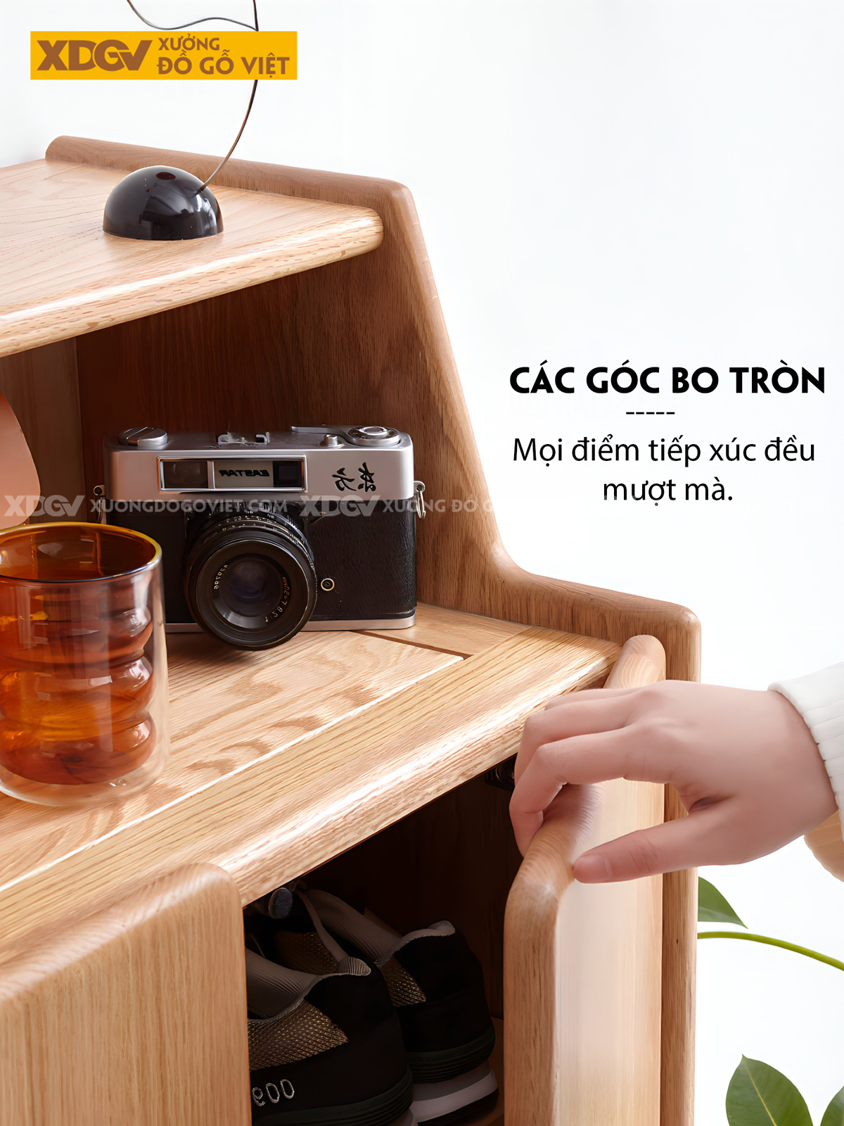 Mẫu Tủ Giày Mini Gỗ Sồi Tự Nhiên 2 Cánh 4 Tầng Có Kệ Trên