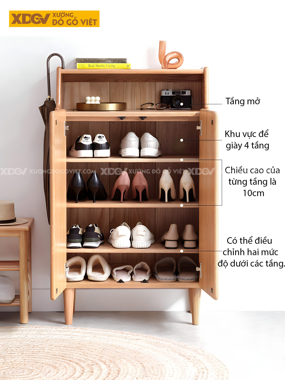 Mẫu Tủ Giày Mini Gỗ Sồi Tự Nhiên 2 Cánh 4 Tầng Có Kệ Trên