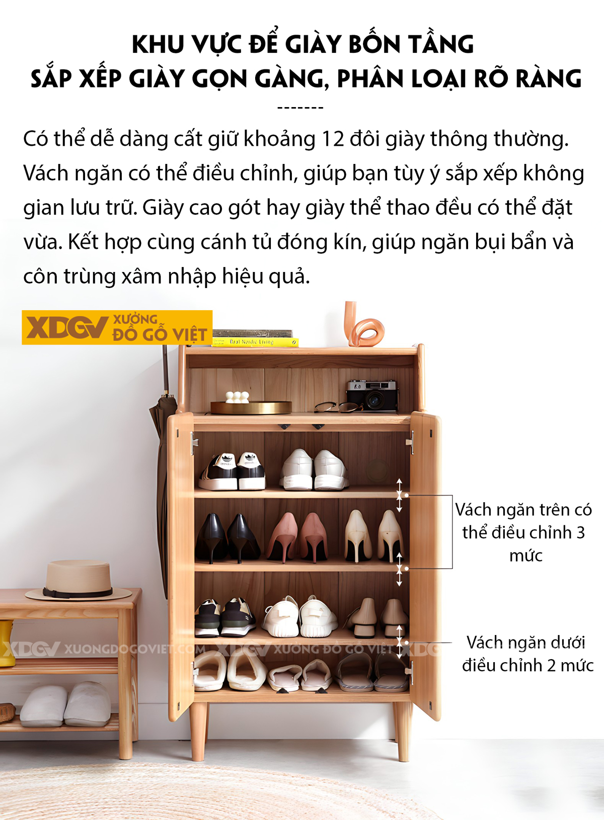 Mẫu Tủ Giày Mini Gỗ Sồi Tự Nhiên 2 Cánh 4 Tầng Có Kệ Trên