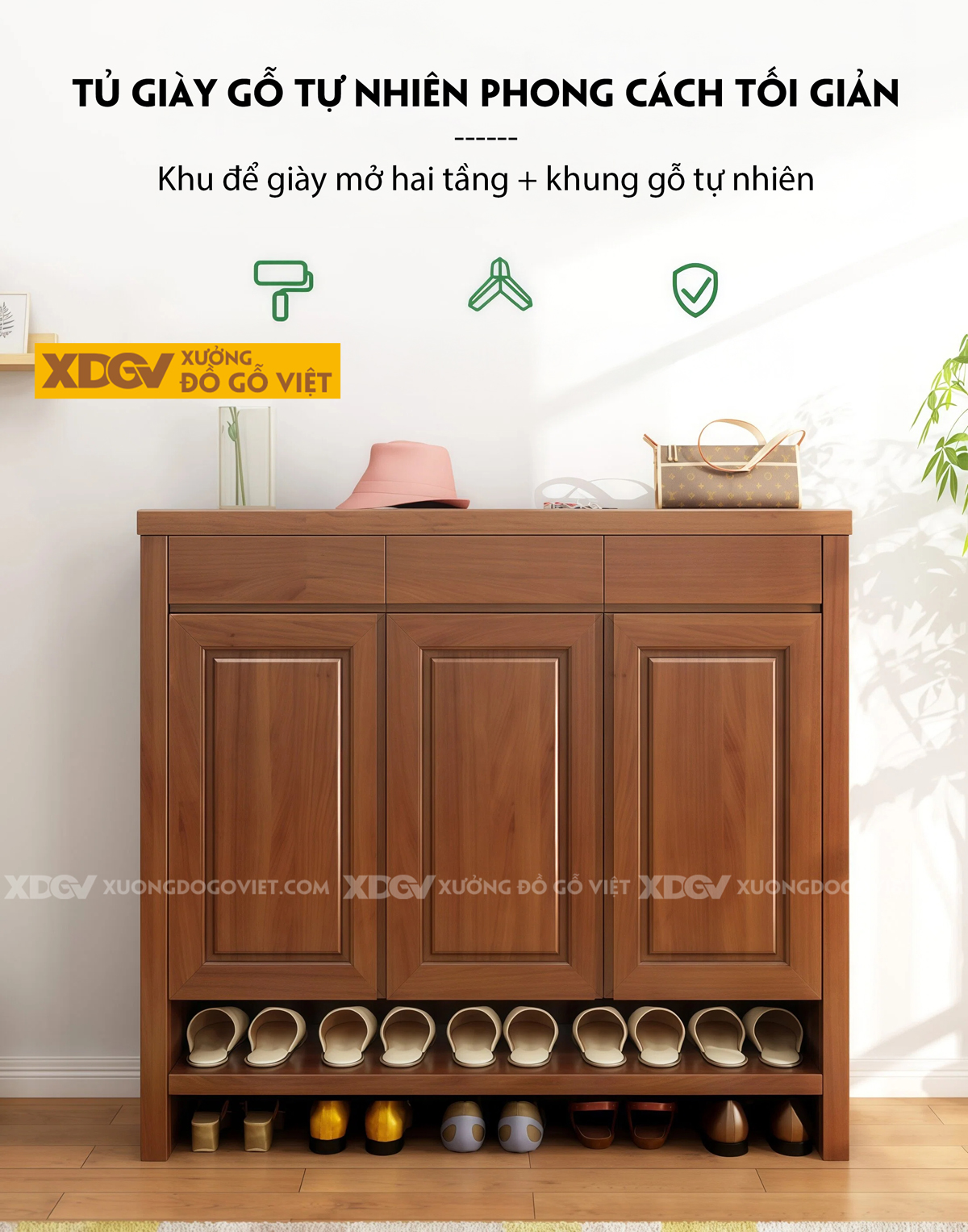 Mẫu Tủ Kệ Để Giày Gỗ Cao Su Cánh Phối Pano Bố Cục Linh Hoạt