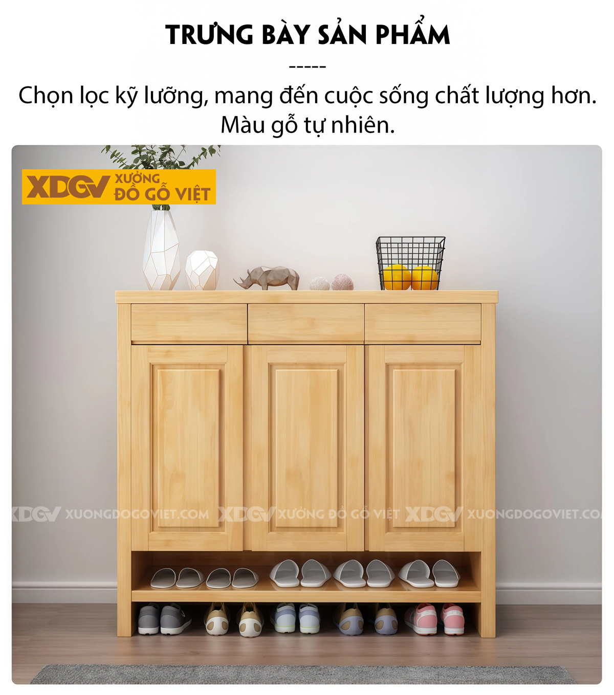 Mẫu Tủ Kệ Để Giày Gỗ Cao Su Cánh Phối Pano Bố Cục Linh Hoạt