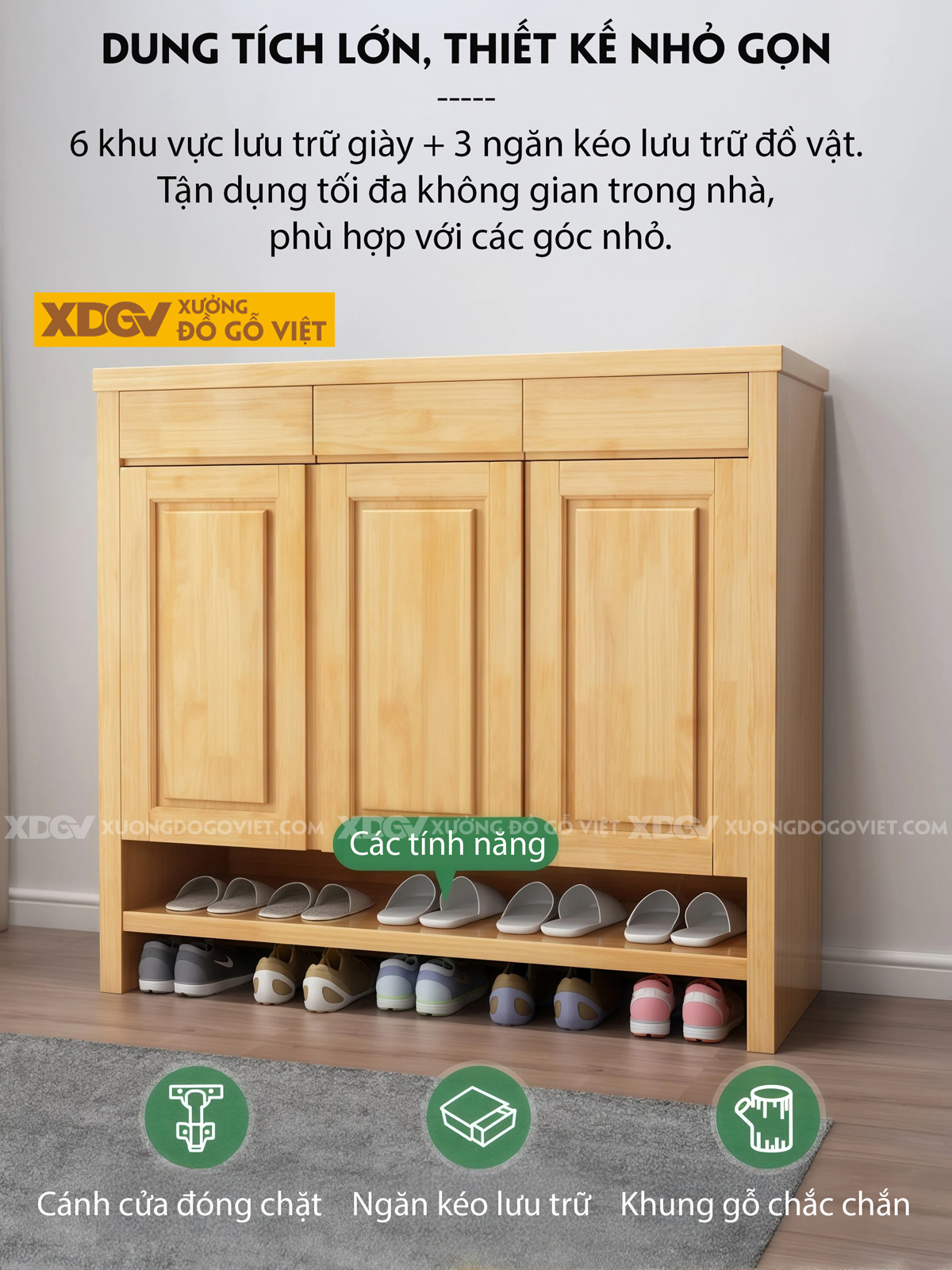 Mẫu Tủ Kệ Để Giày Gỗ Cao Su Cánh Phối Pano Bố Cục Linh Hoạt