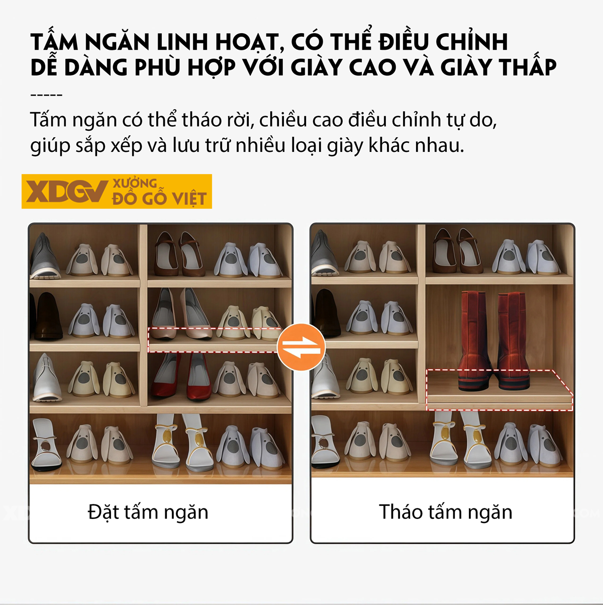 Mẫu Tủ Kệ Để Giày Gỗ Cao Su Cánh Phối Pano Bố Cục Linh Hoạt