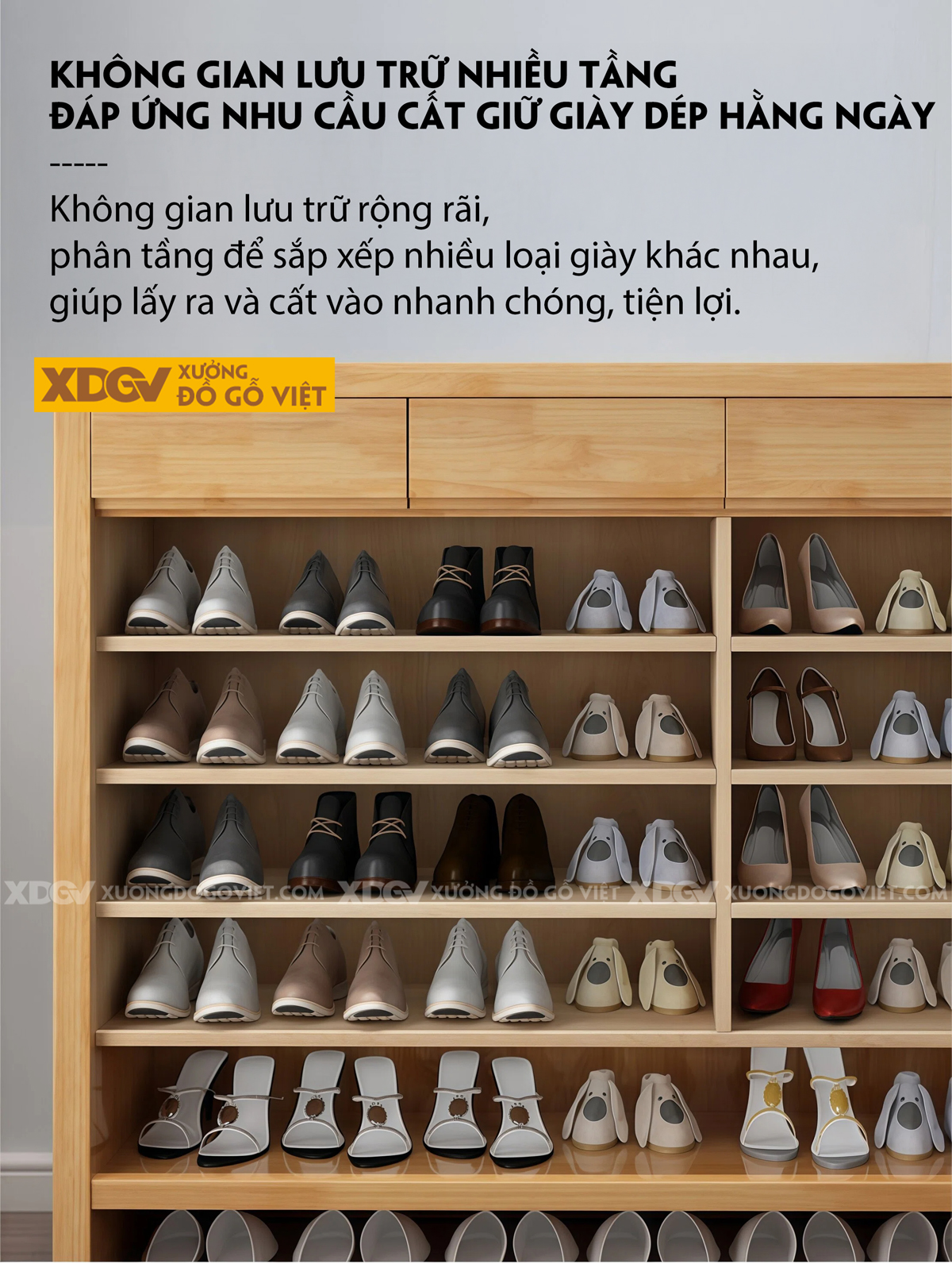 Mẫu Tủ Kệ Để Giày Gỗ Cao Su Cánh Phối Pano Bố Cục Linh Hoạt