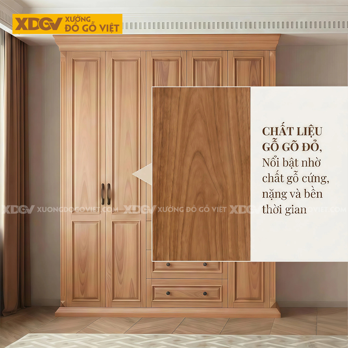 Mẫu Tủ Quần Áo Phòng Ngủ Gỗ Gõ Đỏ Phối Chỉ Phào Kèm Ngăn Kéo