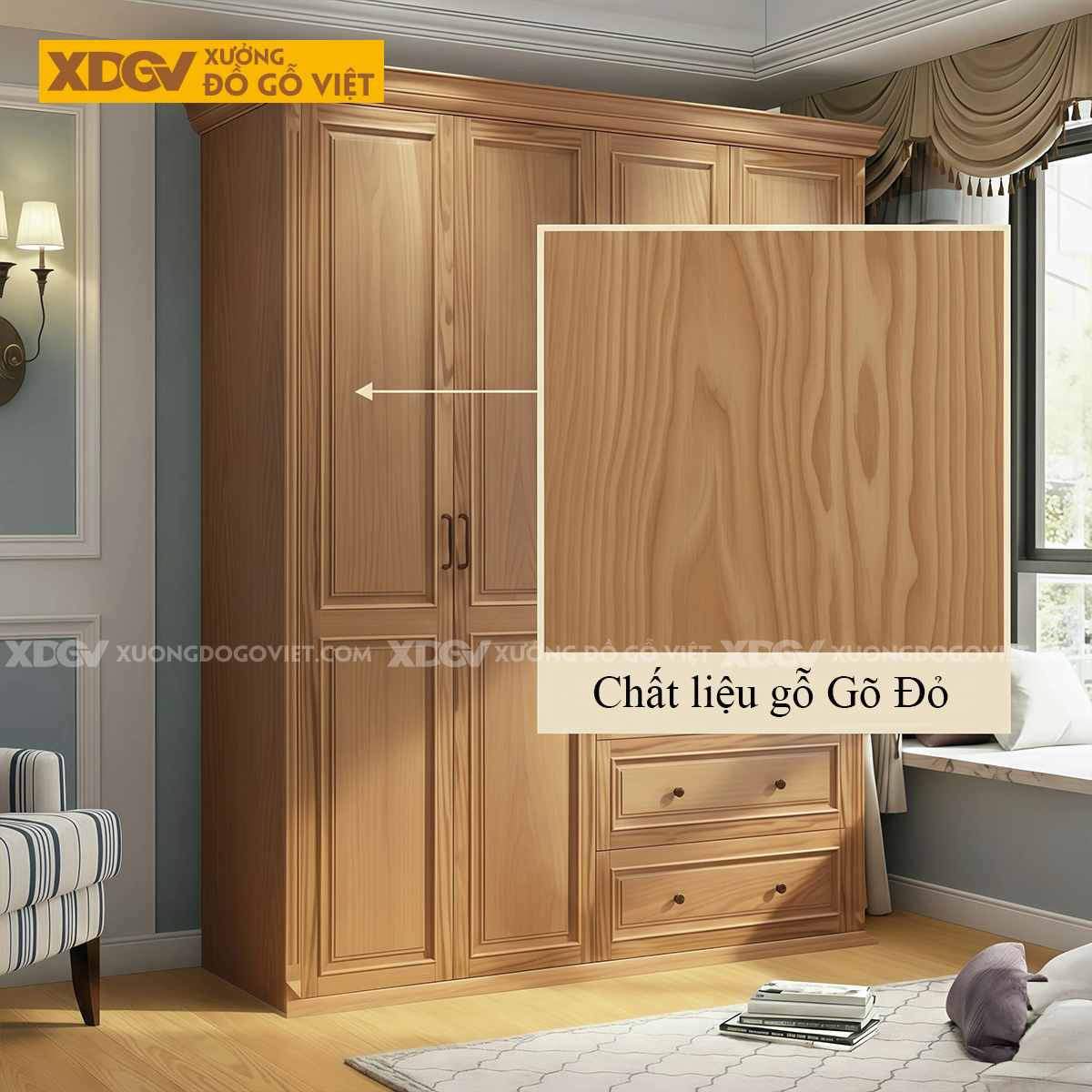 Mẫu Tủ Quần Áo Phòng Ngủ Gỗ Gõ Đỏ Tích Hợp Ngăn Kéo Đa Dạng